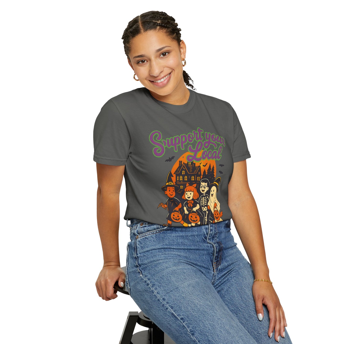 Halloween Support T-Shirt, Youth Trick or Treat Shirt, Garment-Dyed Tee for Kids, Spooky Season Apparel, Holiday Party Top, Fun Costume Wear