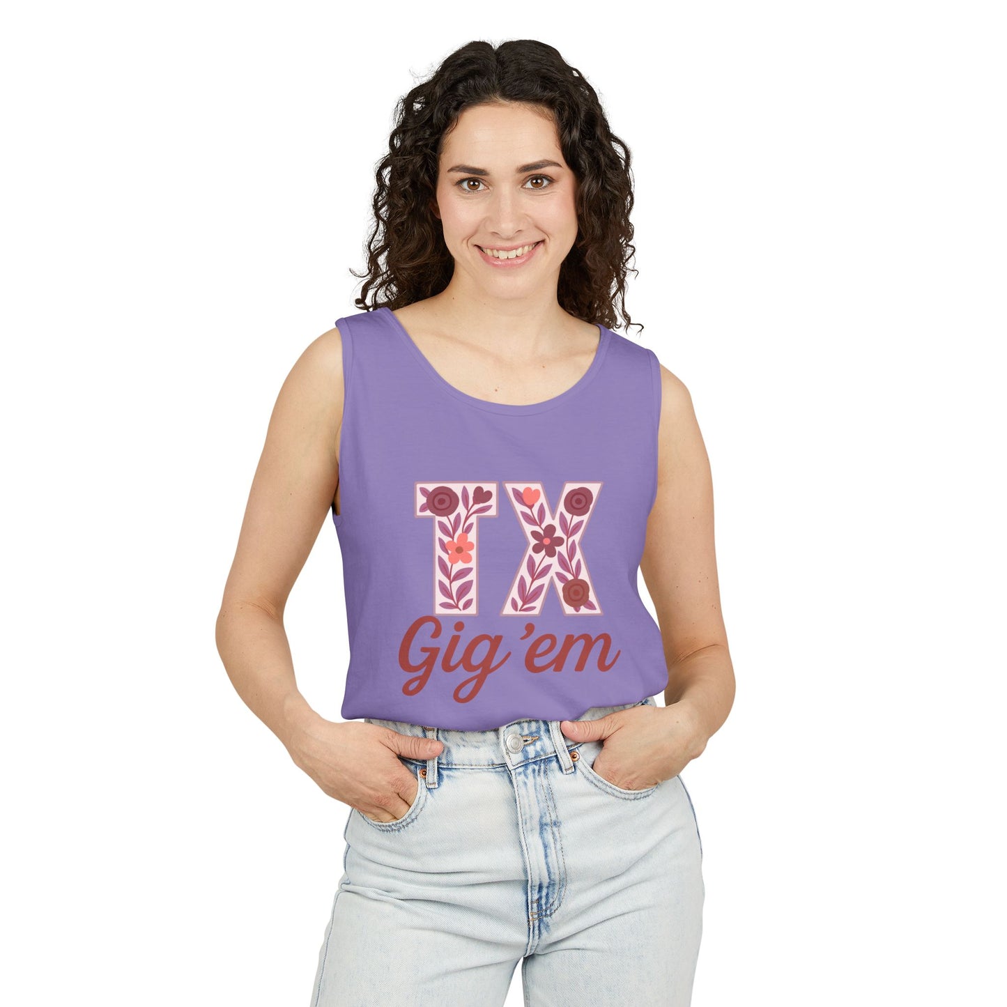 Texas Gig 'Em Tank Top, Unisex Summer Apparel, Cute Floral Design, Perfect for College Fans, Gifts, Comfort Colors, Graduation Gift