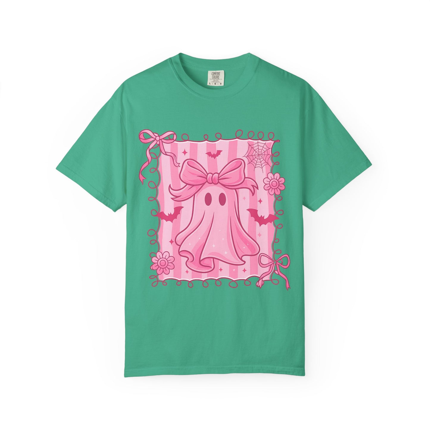 Cute Pink Ghost Graphic T-Shirt, Pink Halloween Tee, Unisex Garment-Dyed Top, Spooky Style for Fall, Trick or Treat Fashion