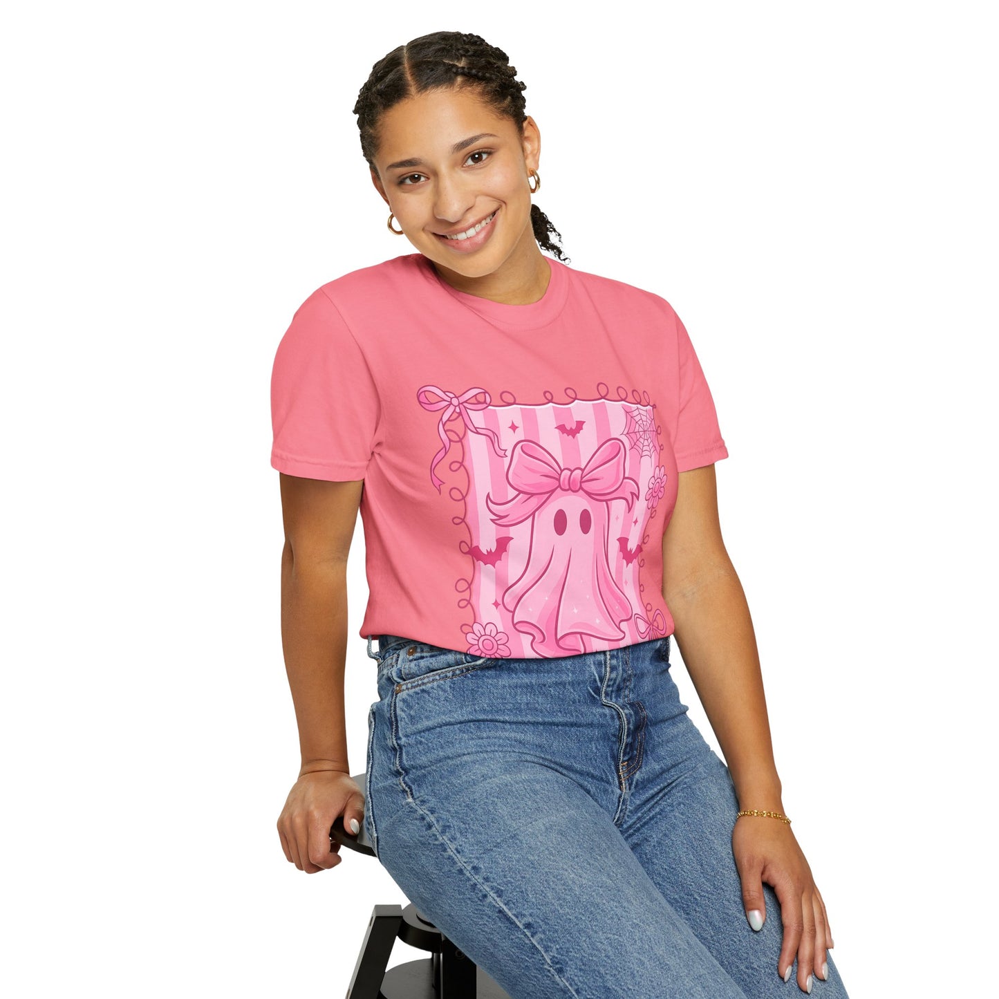 Cute Pink Ghost Graphic T-Shirt, Pink Halloween Tee, Unisex Garment-Dyed Top, Spooky Style for Fall, Trick or Treat Fashion