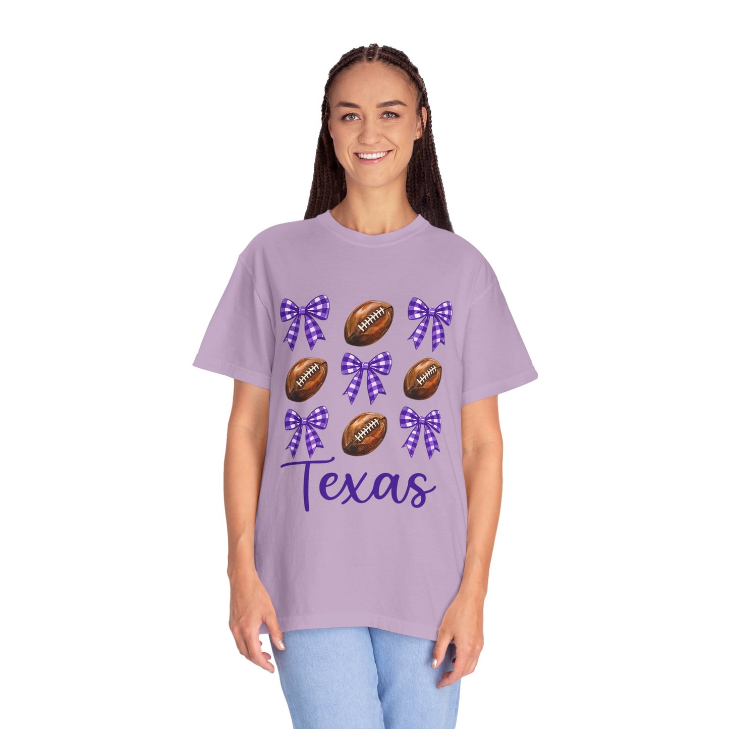 Texas Football Unisex T-Shirt with Purple Bows - Game Day Sports Apparel for Horned Frogs Fans