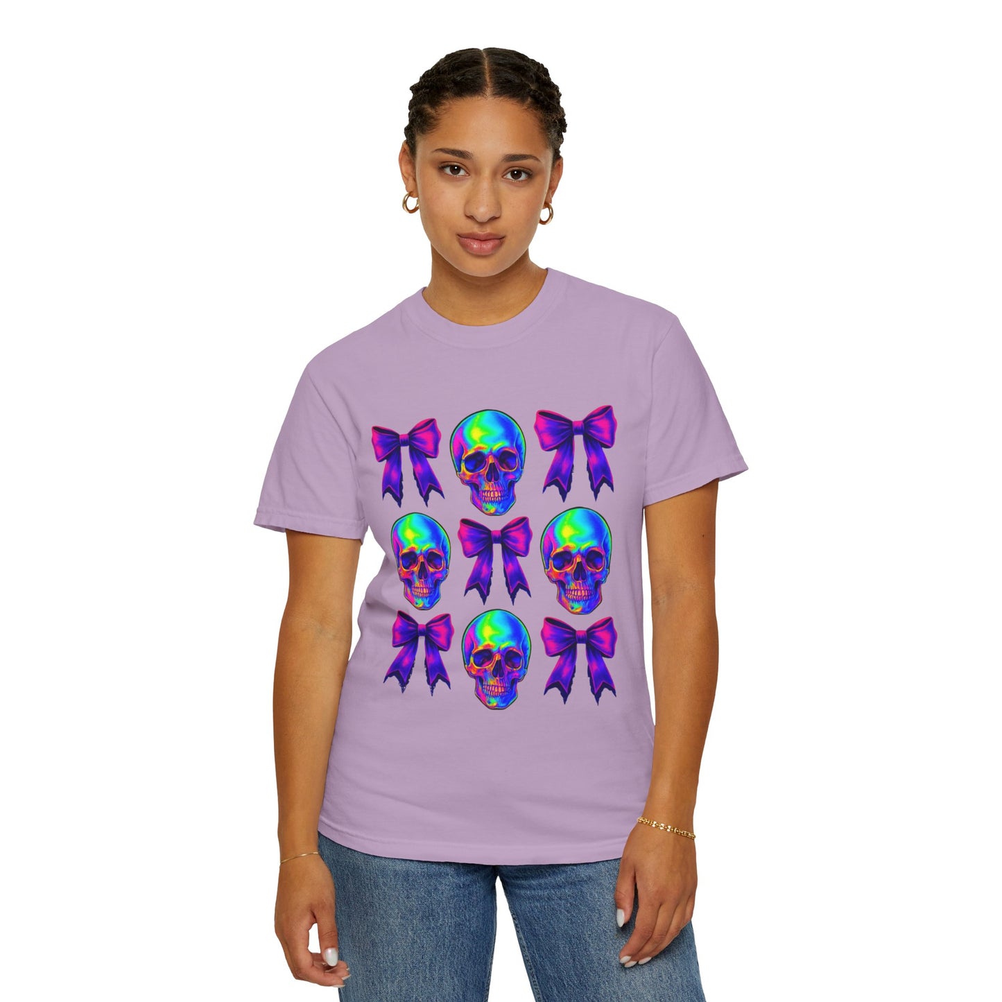 Neon Skull and Bow Unisex T-Shirt | Trendy Graphic Tee for Halloween, Festivals, Casual Wear, Gifts