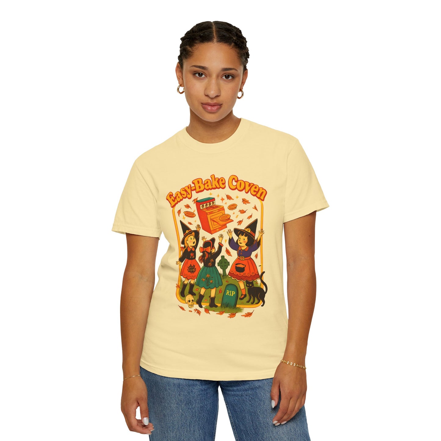 Halloween Witch T-Shirt, Unisex Garment-Dyed Shirt, Easy-Bake Coven Tee, Spooky Season Apparel, Cute Witch Design