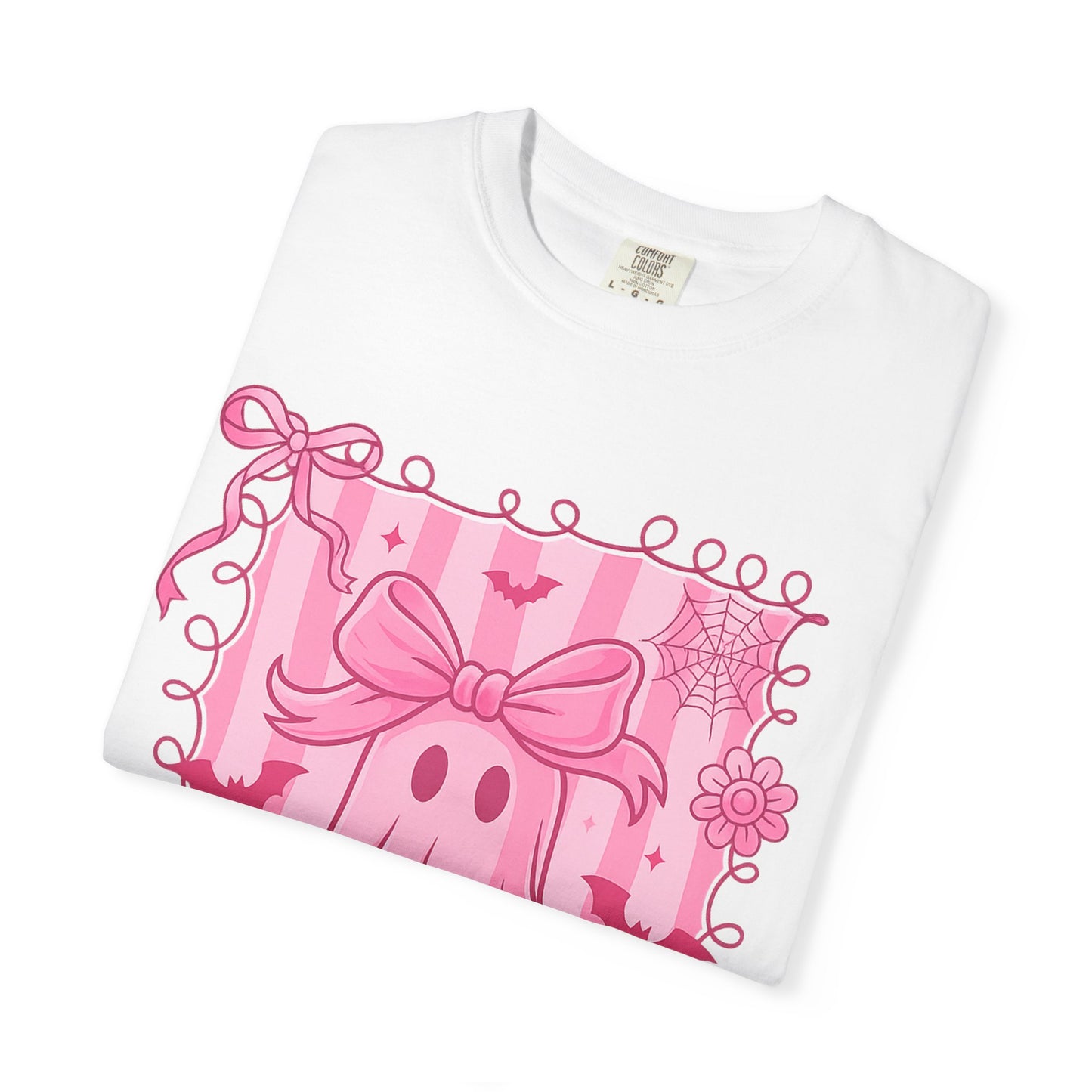 Cute Pink Ghost Graphic T-Shirt, Pink Halloween Tee, Unisex Garment-Dyed Top, Spooky Style for Fall, Trick or Treat Fashion