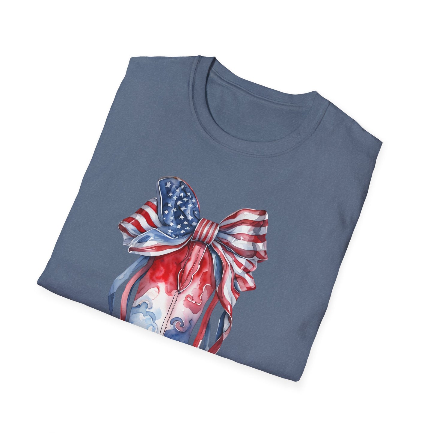 Patriotic Cowboy Boot T-Shirt | Unisex Softstyle Tee for Independence Day