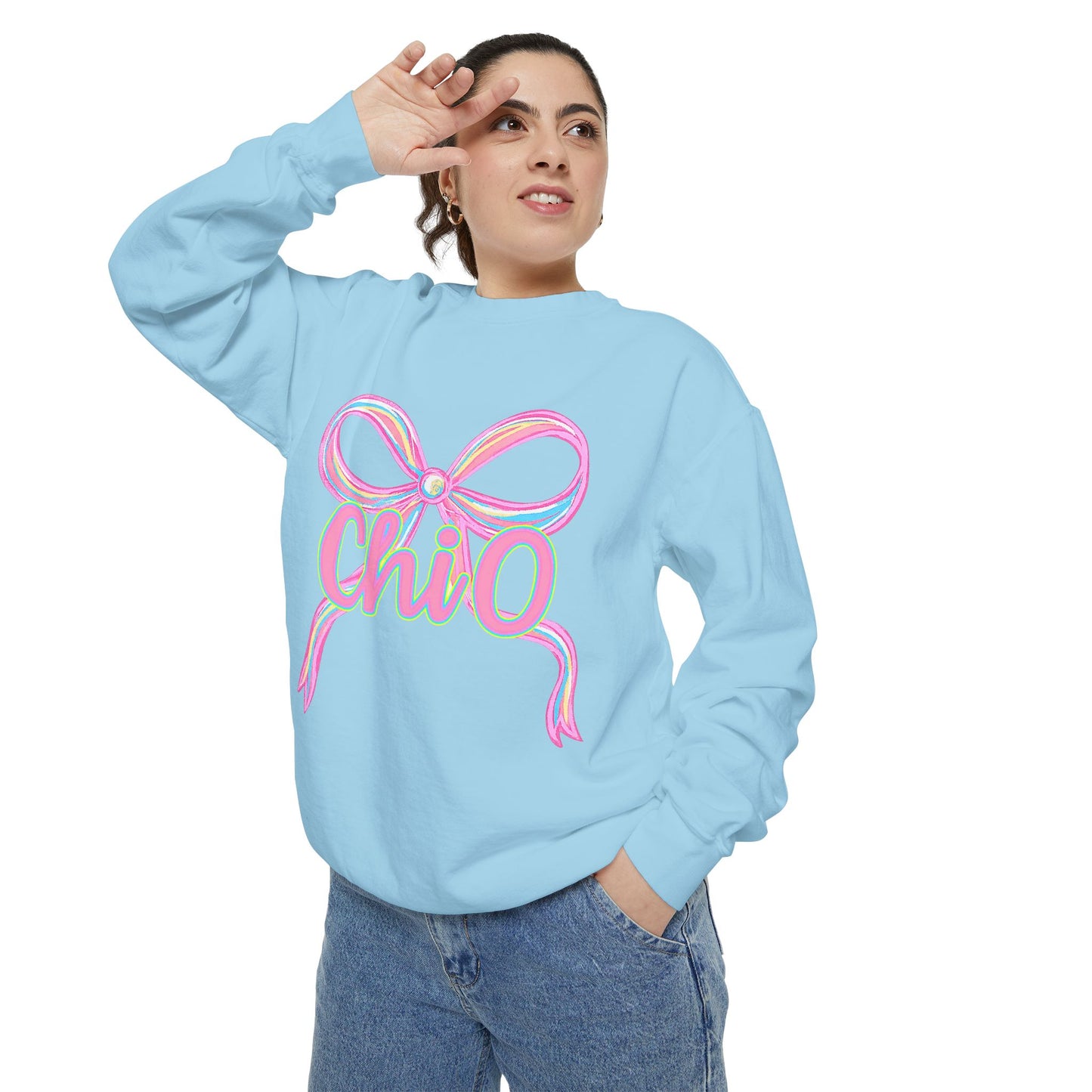 CHIO Chic Bow Graphic Unisex Garment-Dyed Sweatshirt, Cozy Pullover, Fashionable Gift, Casual Outfit, Spring Style, Trendy Apparel