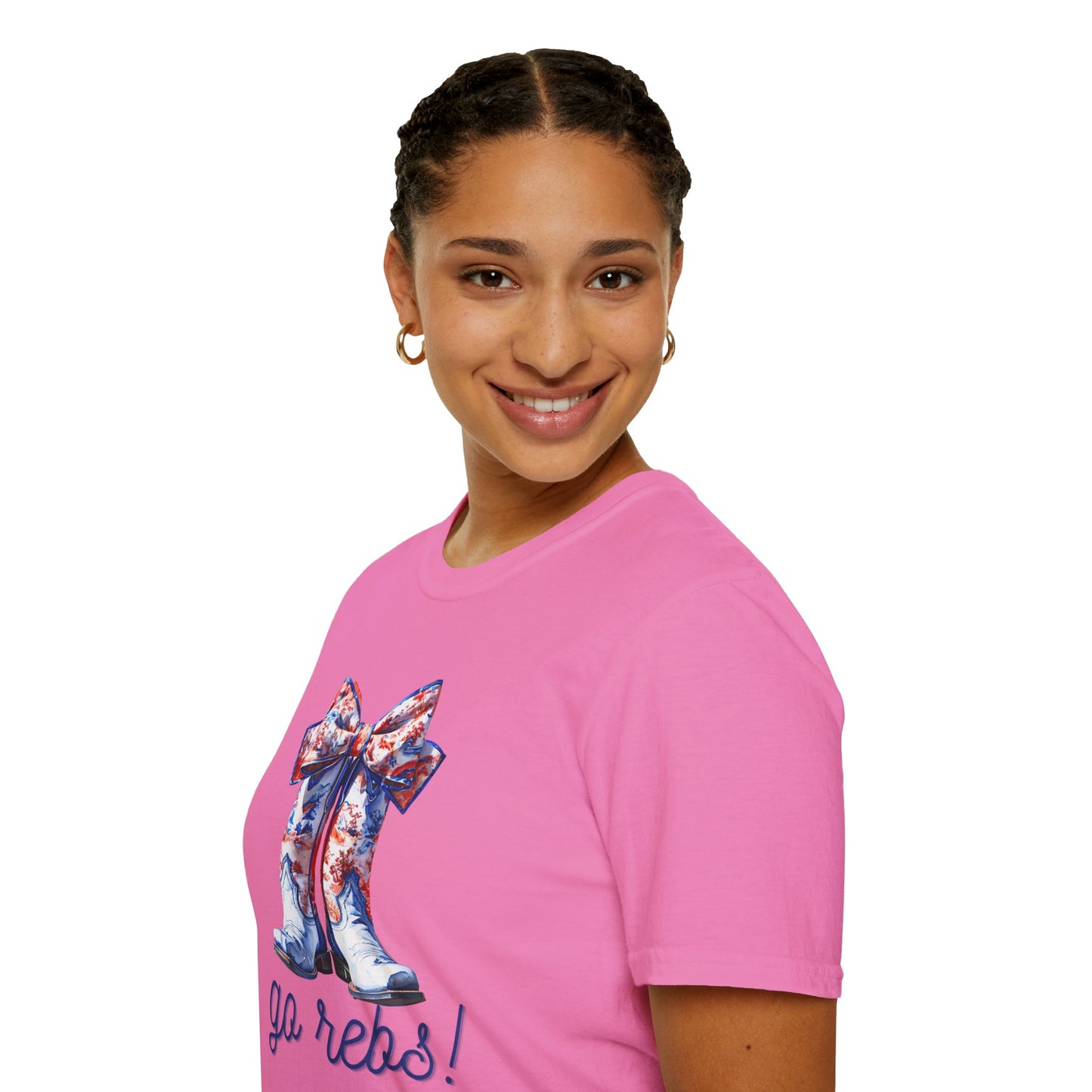 , go Rebs Cheerful Unisex Softstyle T-Shirt with Bow Design | Gift for Sports Fans, Casual Wear, Team Spirit, Game Day Shirt, Cheerleading Top