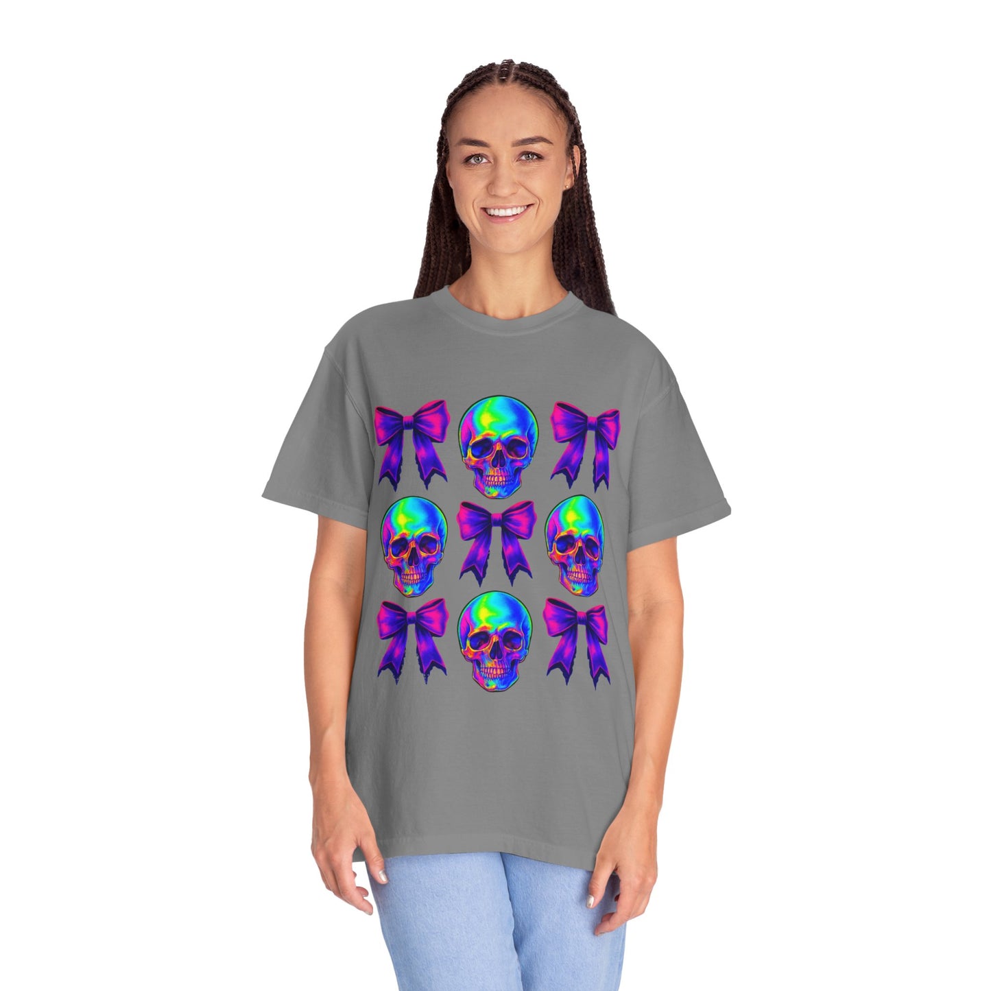 Neon Skull and Bow Unisex T-Shirt | Trendy Graphic Tee for Halloween, Festivals, Casual Wear, Gifts