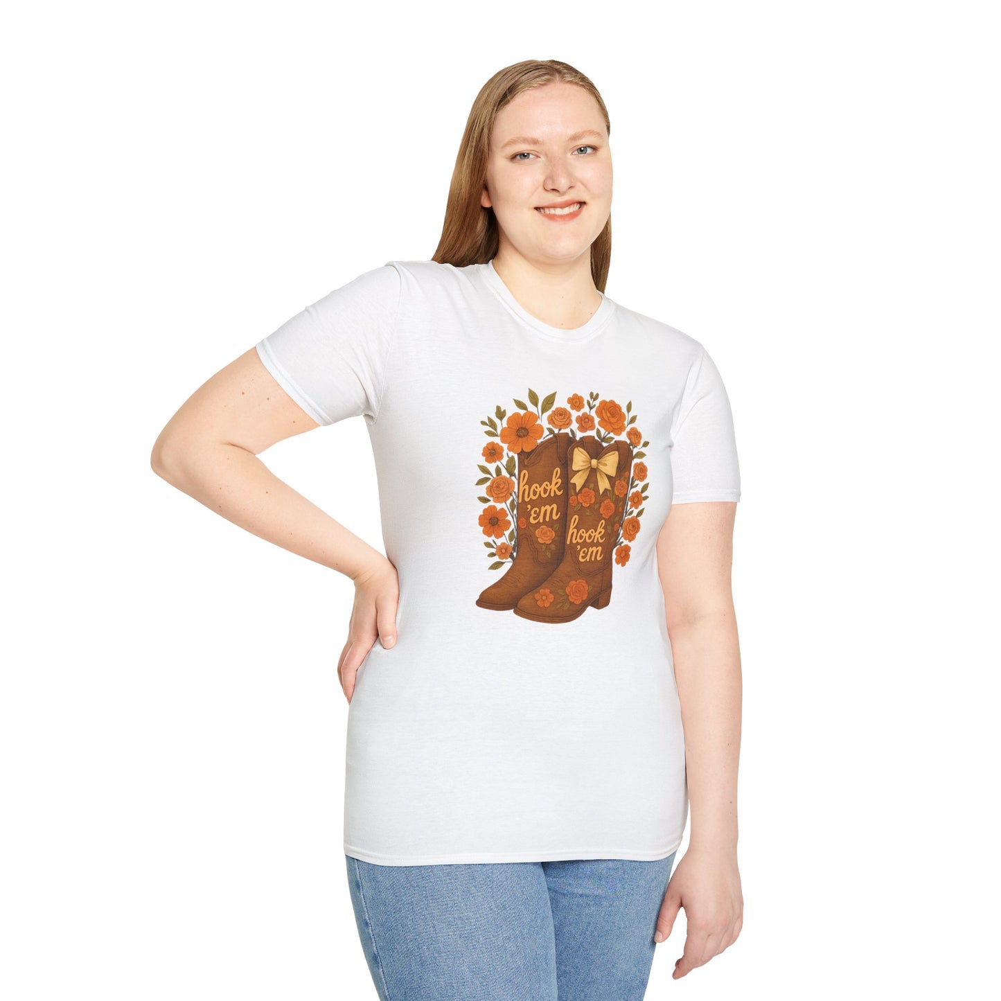 Tx Hook Em Floral Cowboy Boot T-Shirt, Hook 'Em Tee, Autumn Apparel, Country Style, Gift for Her, tx longhorns, texas fan gift, hook em horns, graduation gift, college student gift