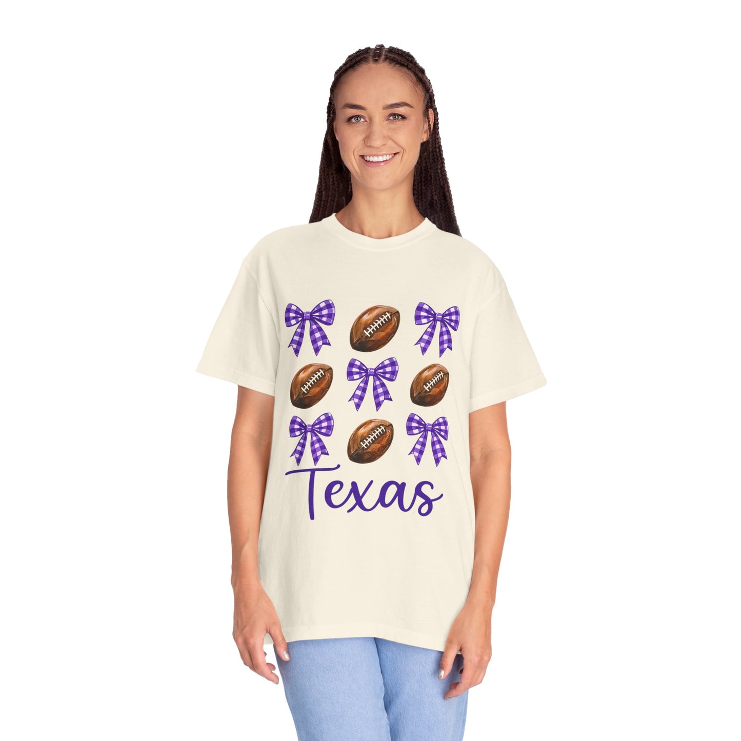 Texas Football Unisex T-Shirt with Purple Bows - Game Day Sports Apparel for Horned Frogs Fans
