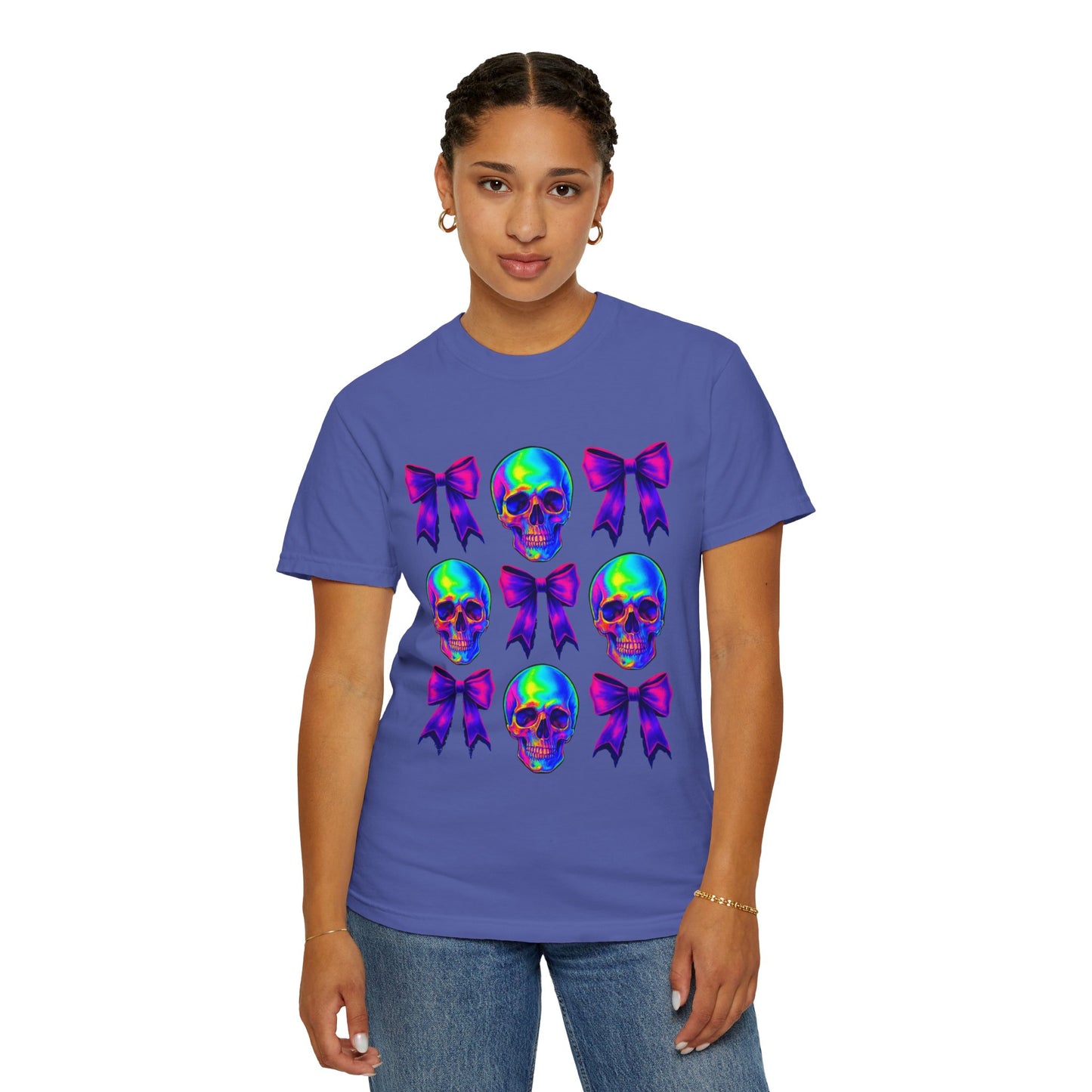Neon Skull and Bow Unisex T-Shirt | Trendy Graphic Tee for Halloween, Festivals, Casual Wear, Gifts
