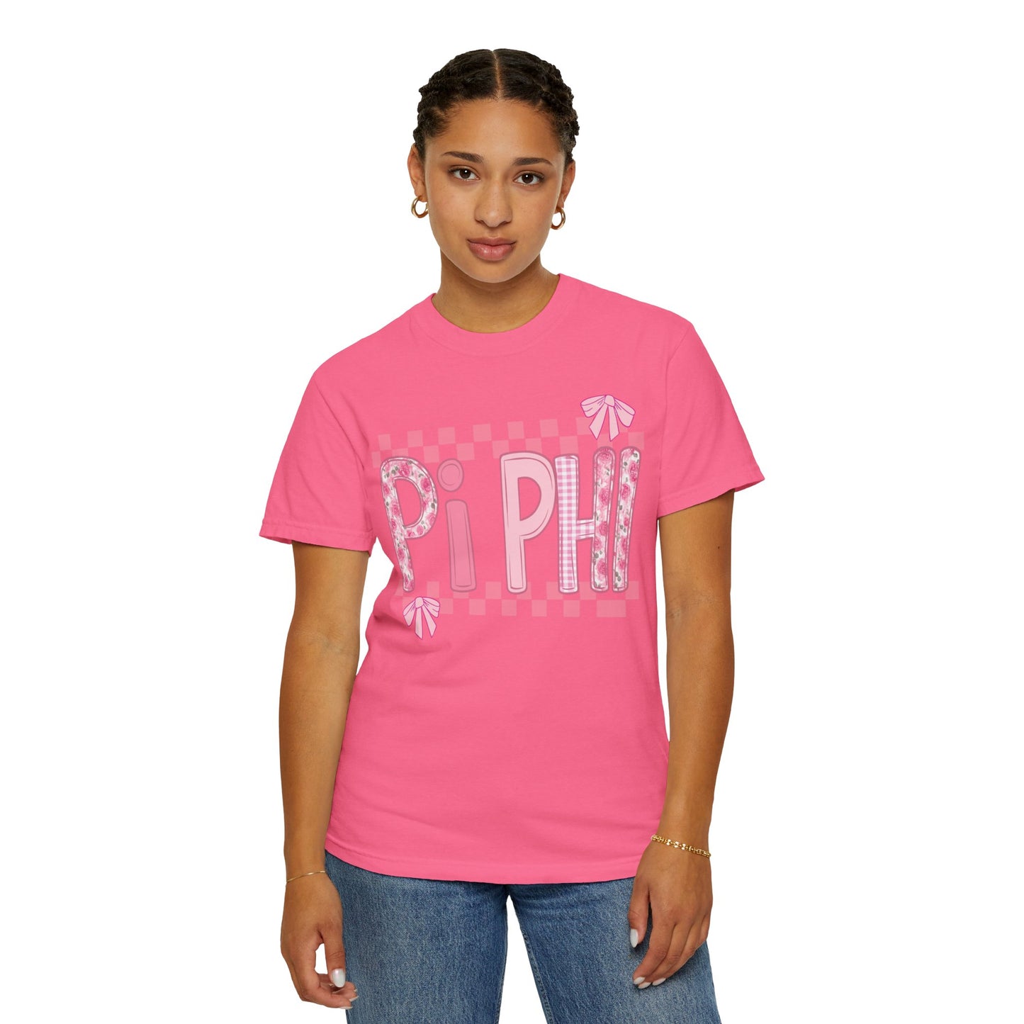 Cute Garment-Dyed T-Shirt for Sorority Sisters, Pi -Checked Style, Perfect for Casual Outings, Sorority Events, Gifts