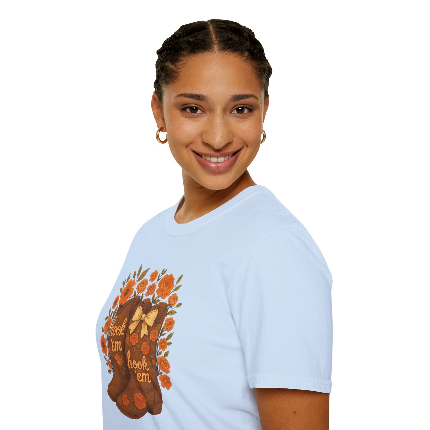 Tx Hook Em Floral Cowboy Boot T-Shirt, Hook 'Em Tee, Autumn Apparel, Country Style, Gift for Her, tx longhorns, texas fan gift, hook em horns, graduation gift, college student gift