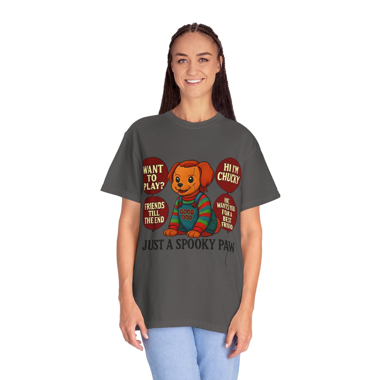 Spooky Graphic T-shirt, Halloween Costume Top, Unisex Tee, Funny Chucky Shirt, Gift for Horror Fans, Cute Spooky Apparel