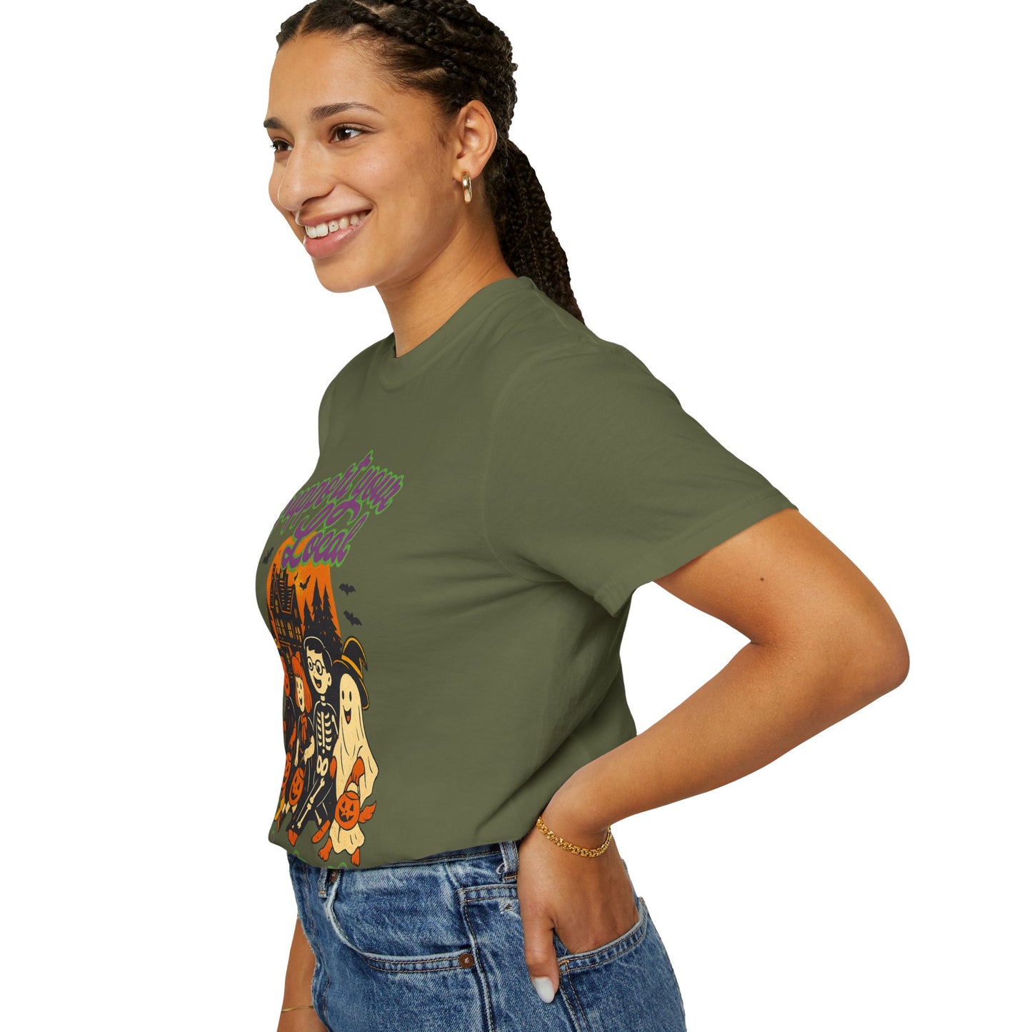 Halloween Support T-Shirt, Youth Trick or Treat Shirt, Garment-Dyed Tee for Kids, Spooky Season Apparel, Holiday Party Top, Fun Costume Wear