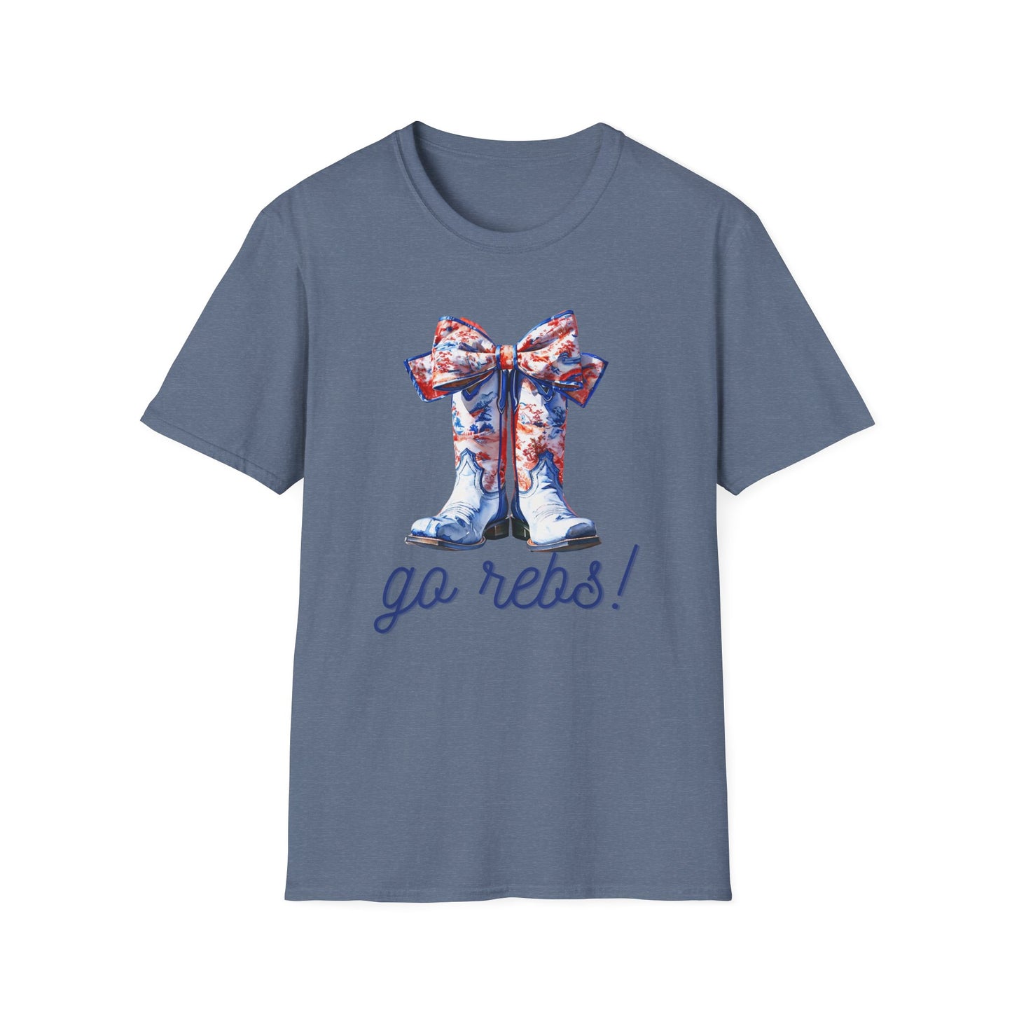, go Rebs Cheerful Unisex Softstyle T-Shirt with Bow Design | Gift for Sports Fans, Casual Wear, Team Spirit, Game Day Shirt, Cheerleading Top