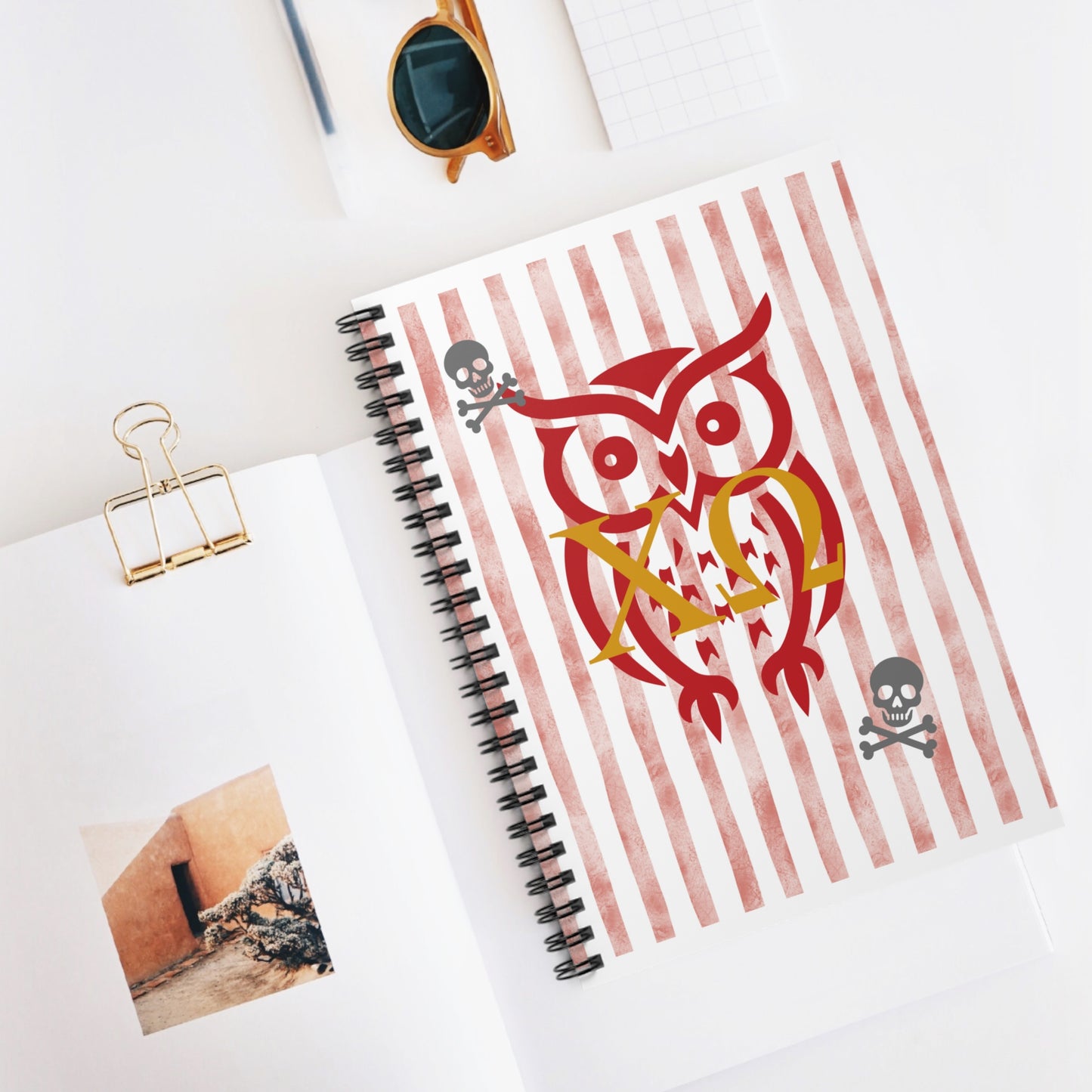 XO Owl & Skull Spiral Notebook - Chi Omega Artistic Note Journal, Gift for Students, Doodle Diary, Skull Decor, Unique Stationery