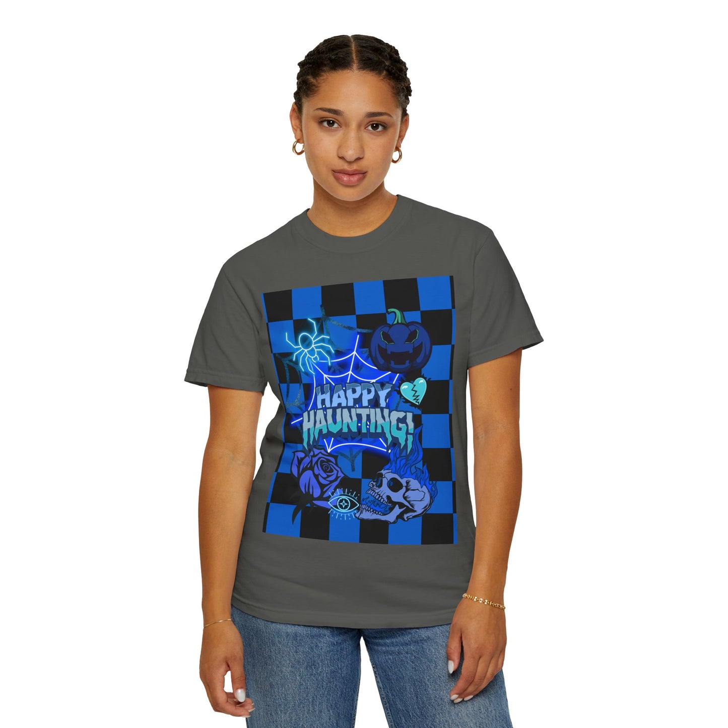 Happy Haunting Unisex Garment-Dyed T-shirt, Halloween Tee, Spooky Shirt, Fall Fashion, Casual Wear, Pumpkin Fest