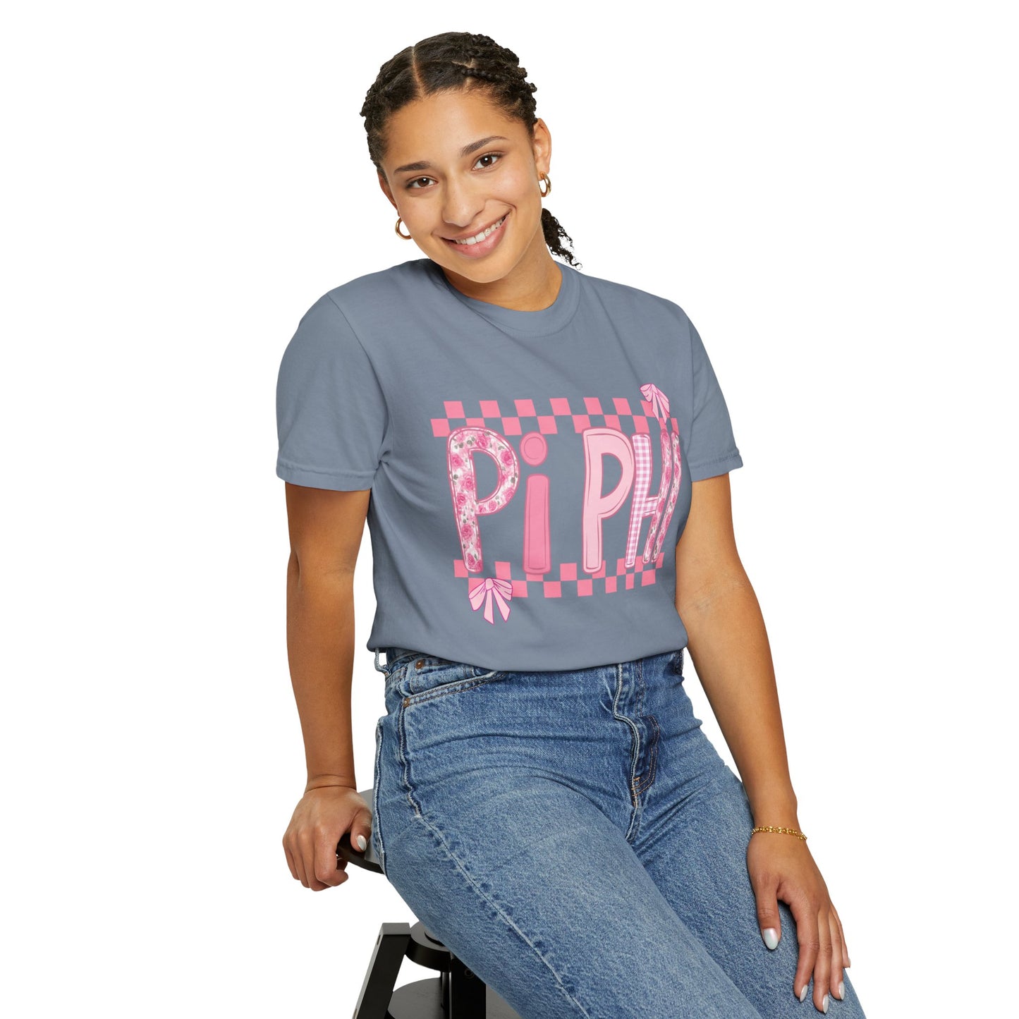 Cute Garment-Dyed T-Shirt for Sorority Sisters, Pi -Checked Style, Perfect for Casual Outings, Sorority Events, Gifts