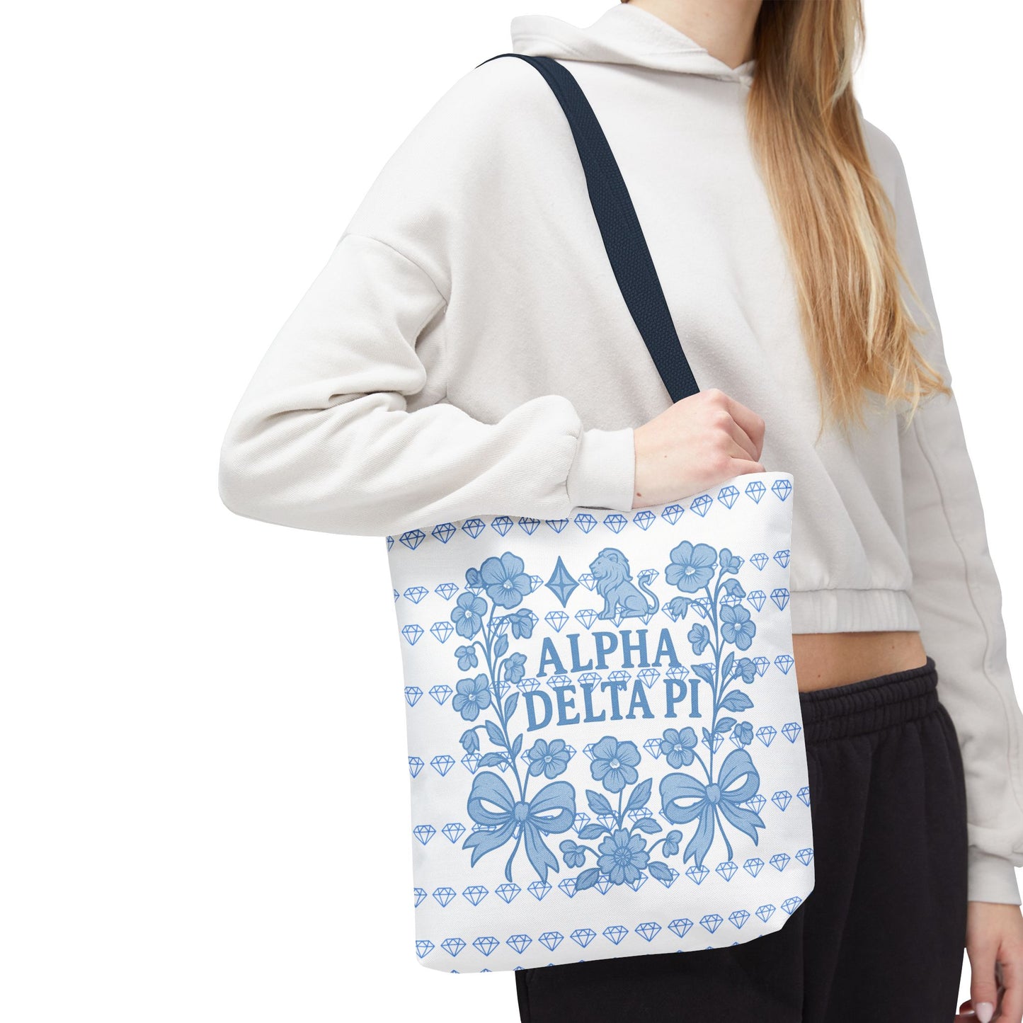 Alpha Delta Pi Floral Tote Bag - Stylish Sorority Accessory, Gift for College Students, Everyday Use, Blue Floral Design, AOP Style