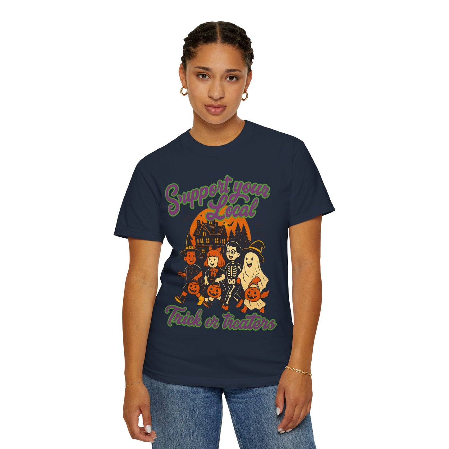 Halloween Support T-Shirt, Youth Trick or Treat Shirt, Garment-Dyed Tee for Kids, Spooky Season Apparel, Holiday Party Top, Fun Costume Wear