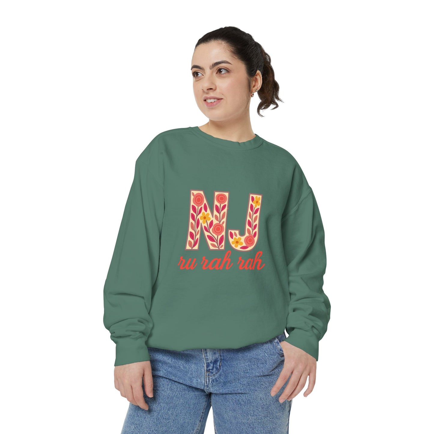 Cheerful NJ Garment-Dyed Sweatshirt, Cozy Unisex Pullover for School Spirit, Fall Fashion, Gift for College Students, Relaxed Fit