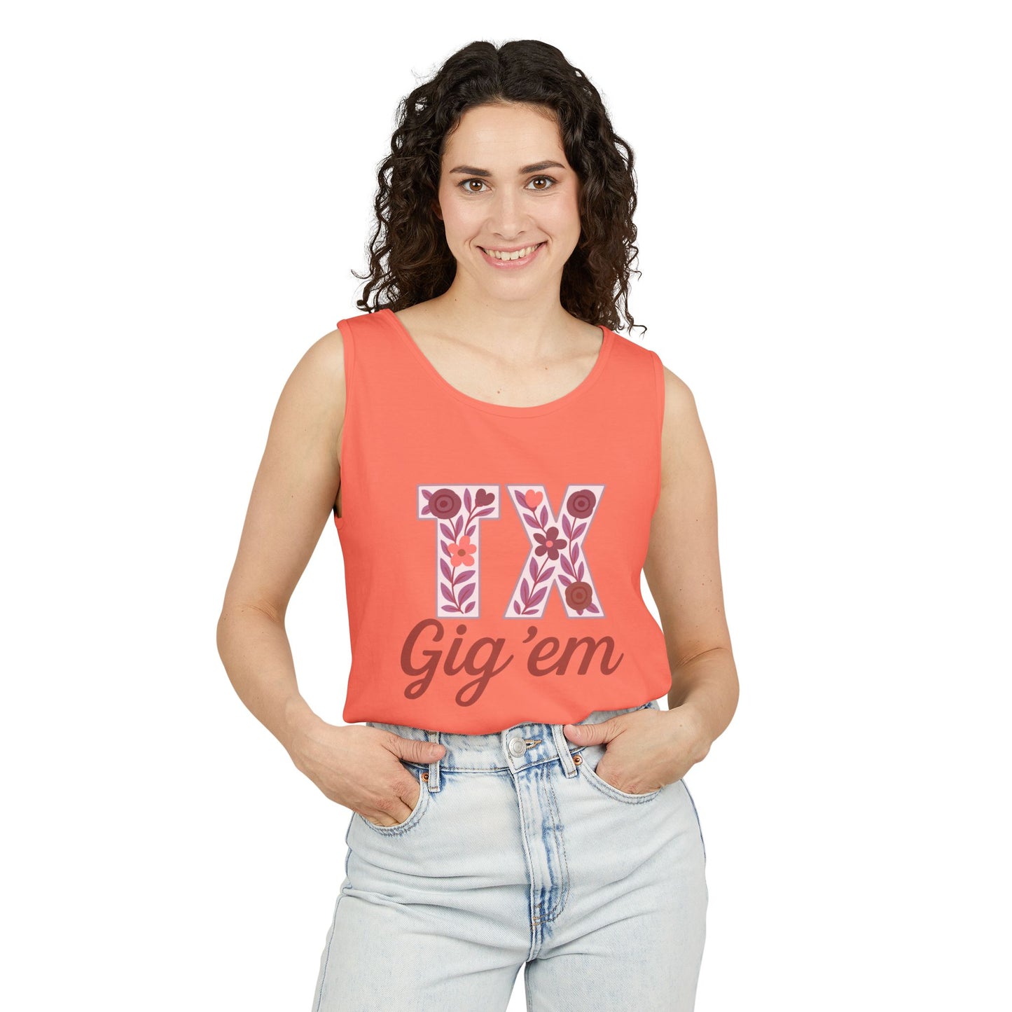 Texas Gig 'Em Tank Top, Unisex Summer Apparel, Cute Floral Design, Perfect for College Fans, Gifts, Comfort Colors, Graduation Gift