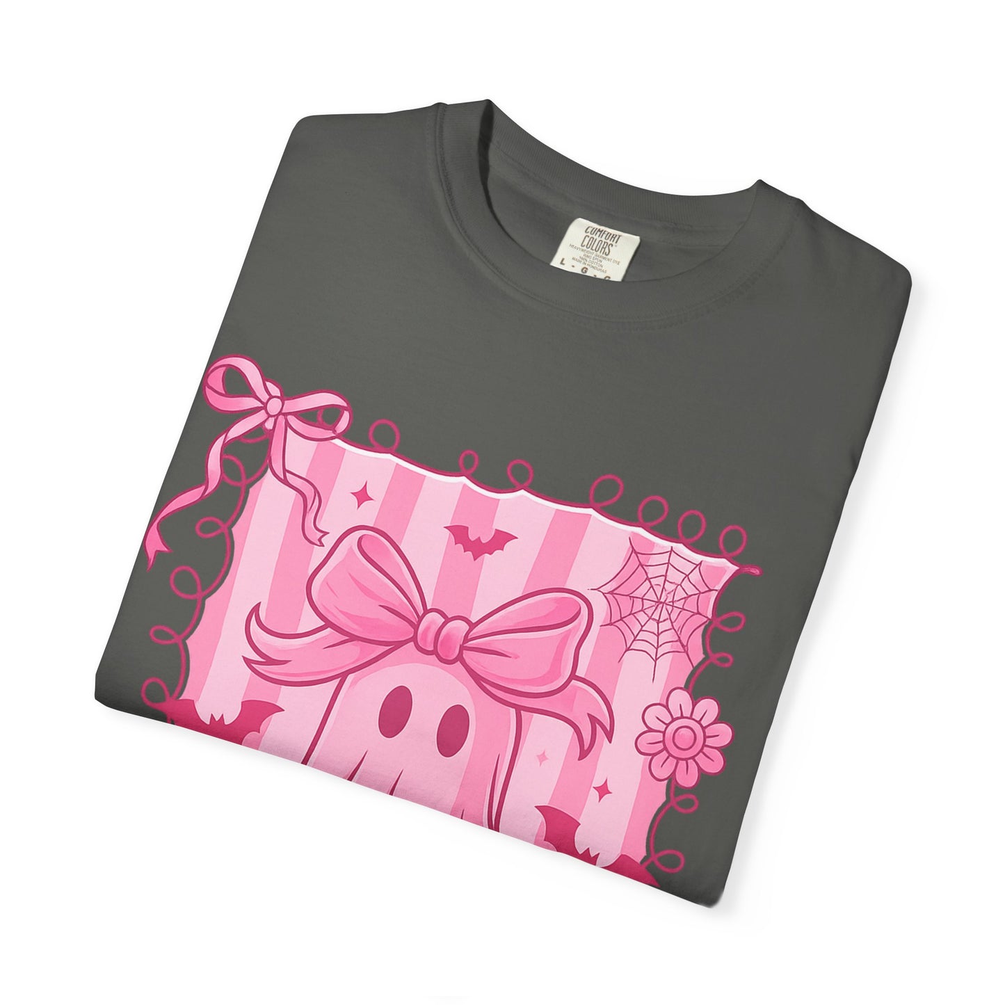 Cute Pink Ghost Graphic T-Shirt, Pink Halloween Tee, Unisex Garment-Dyed Top, Spooky Style for Fall, Trick or Treat Fashion