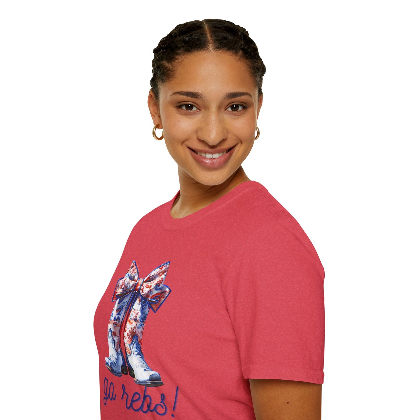 , go Rebs Cheerful Unisex Softstyle T-Shirt with Bow Design | Gift for Sports Fans, Casual Wear, Team Spirit, Game Day Shirt, Cheerleading Top