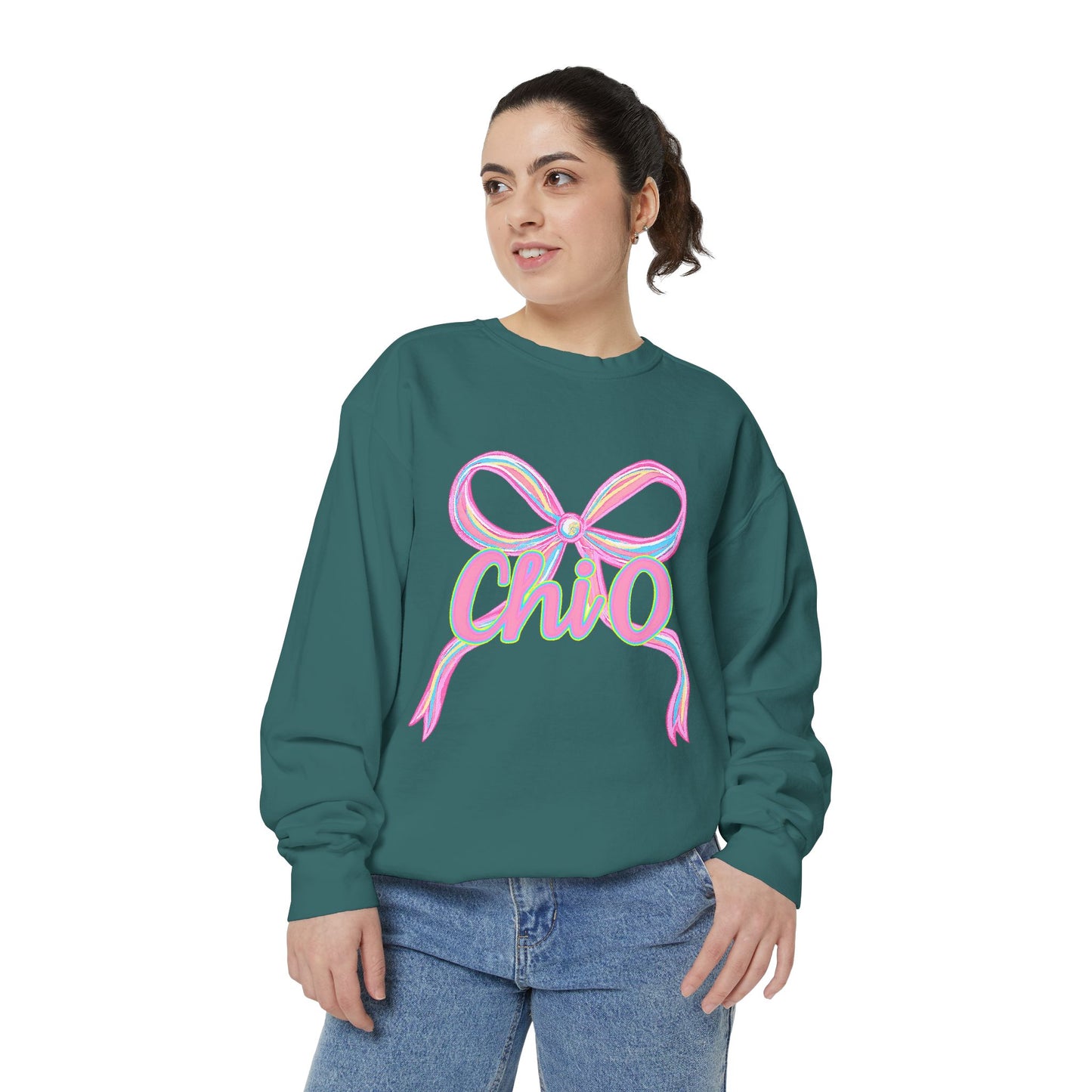 CHIO Chic Bow Graphic Unisex Garment-Dyed Sweatshirt, Cozy Pullover, Fashionable Gift, Casual Outfit, Spring Style, Trendy Apparel