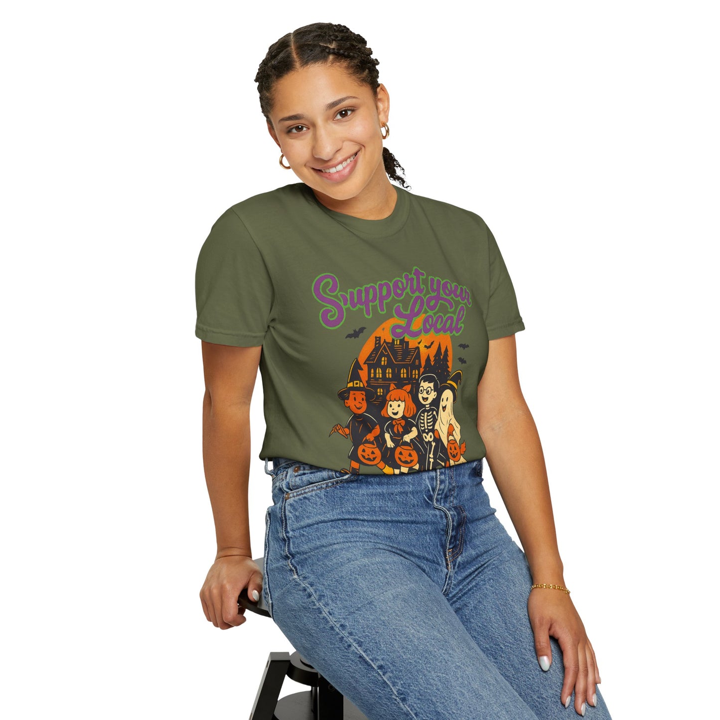 Halloween Support T-Shirt, Youth Trick or Treat Shirt, Garment-Dyed Tee for Kids, Spooky Season Apparel, Holiday Party Top, Fun Costume Wear