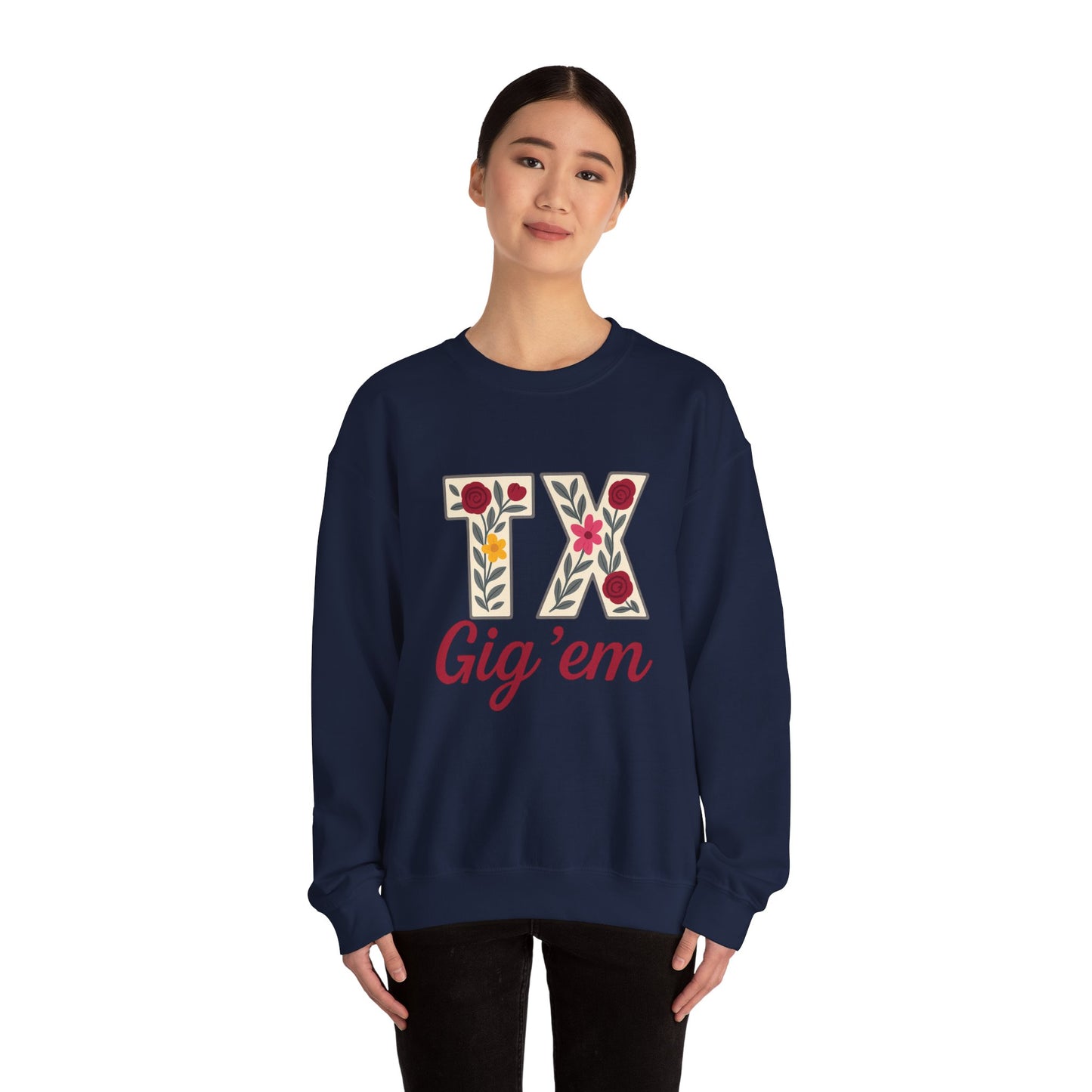 Texas Floral Crewneck Sweatshirt, Cozy Texas Sweatshirt, TX Gig'em Gift, Unisex Sweatshirt for Gamers, Floral Crew Neck for Casual Wear