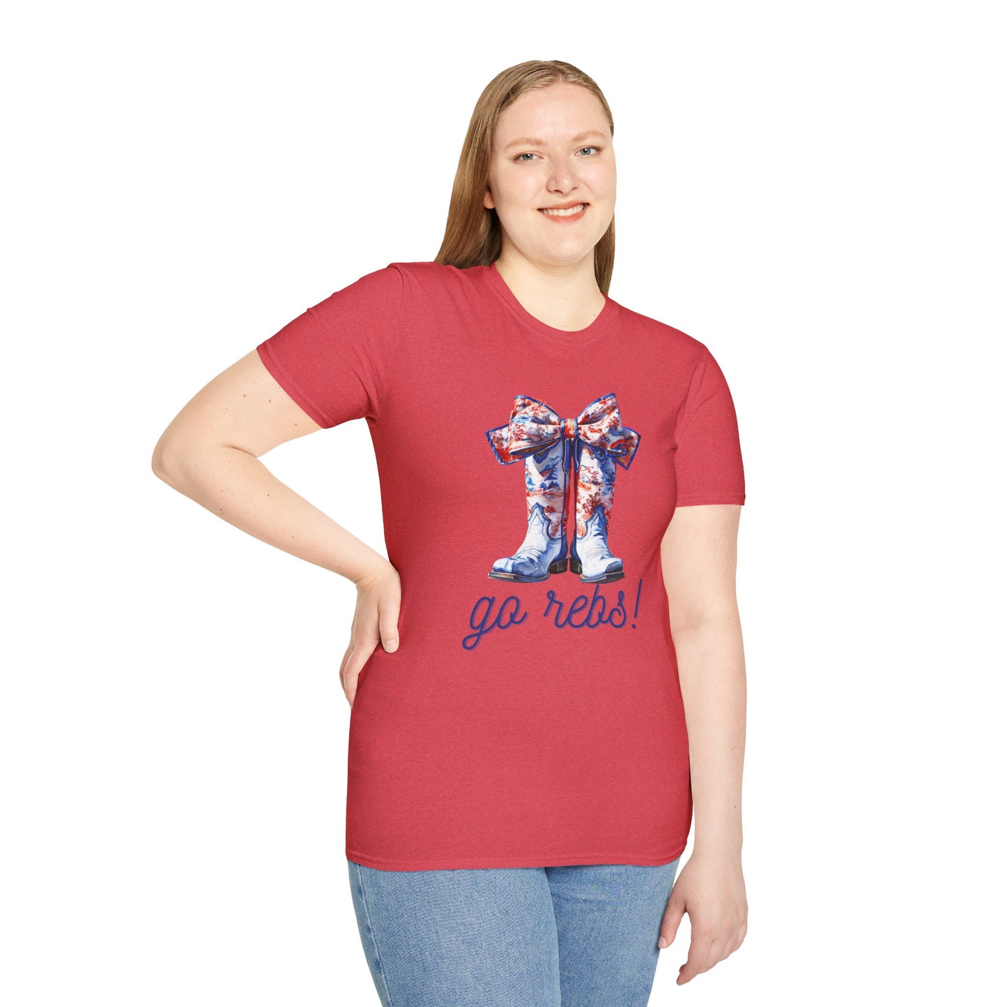 , go Rebs Cheerful Unisex Softstyle T-Shirt with Bow Design | Gift for Sports Fans, Casual Wear, Team Spirit, Game Day Shirt, Cheerleading Top