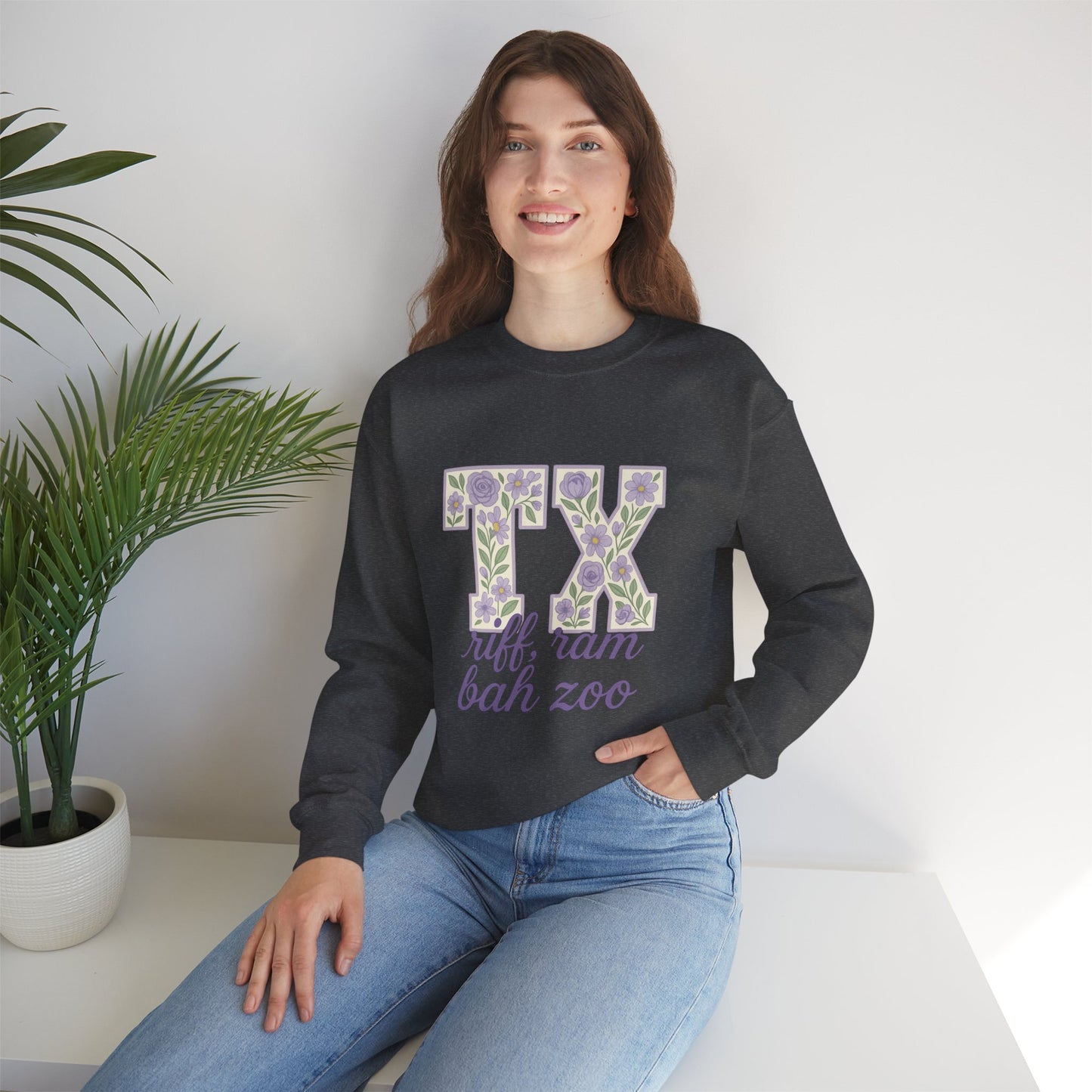 Texas Floral Sweatshirt, Cozy Unisex Crewneck, TX Riff Ram Bah Zoo Pullover, Gift for College Students, Texas Pride Apparel, Spring Fashion