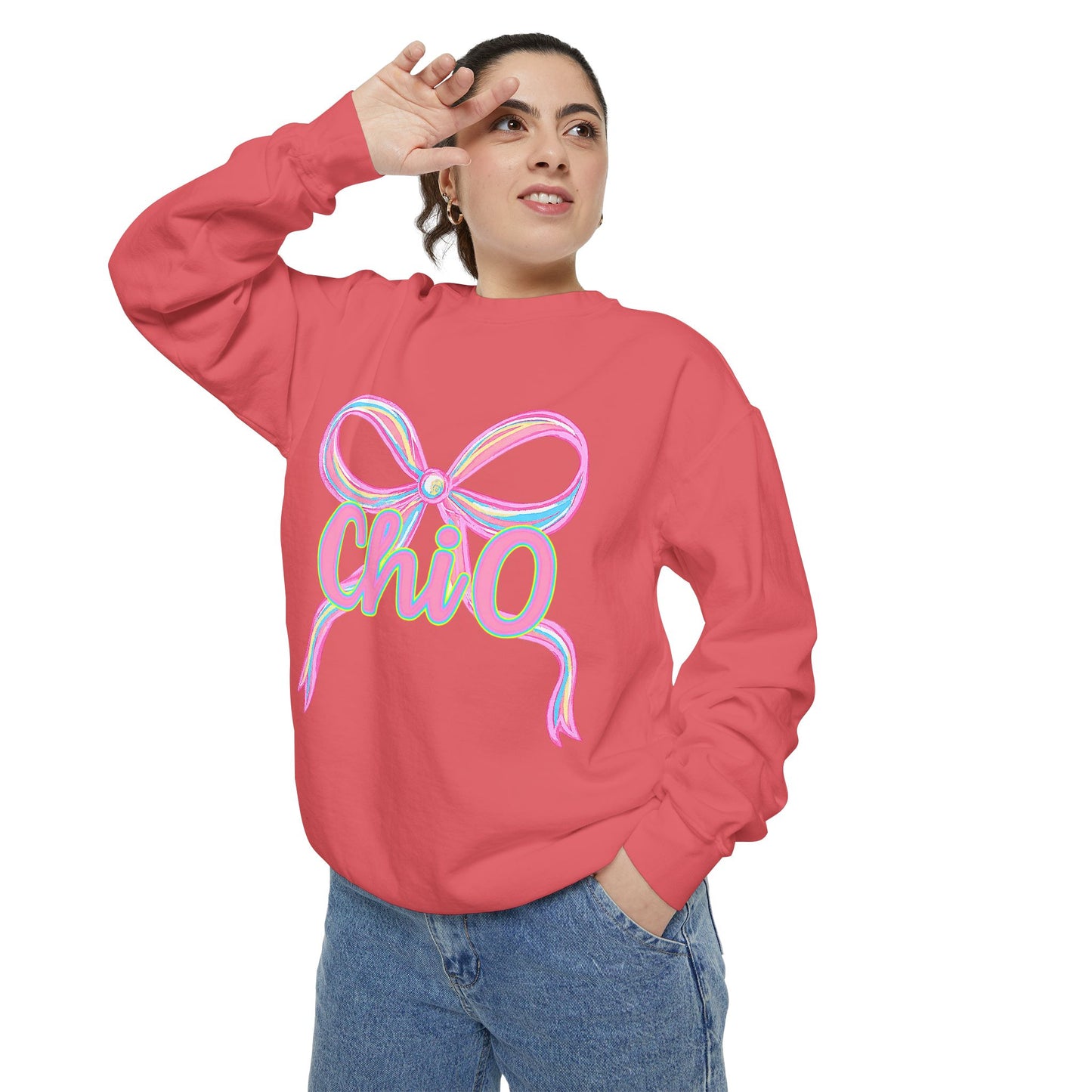 CHIO Chic Bow Graphic Unisex Garment-Dyed Sweatshirt, Cozy Pullover, Fashionable Gift, Casual Outfit, Spring Style, Trendy Apparel