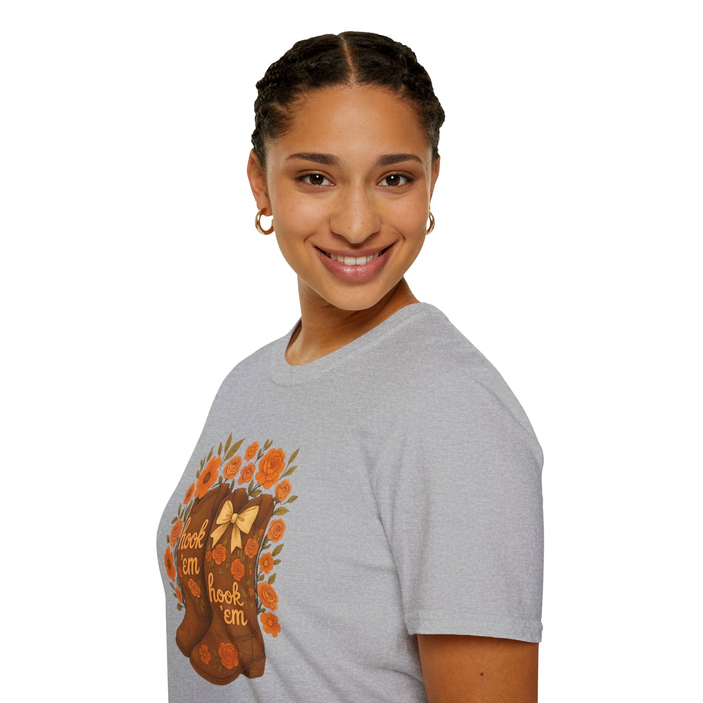 Tx Hook Em Floral Cowboy Boot T-Shirt, Hook 'Em Tee, Autumn Apparel, Country Style, Gift for Her, tx longhorns, texas fan gift, hook em horns, graduation gift, college student gift