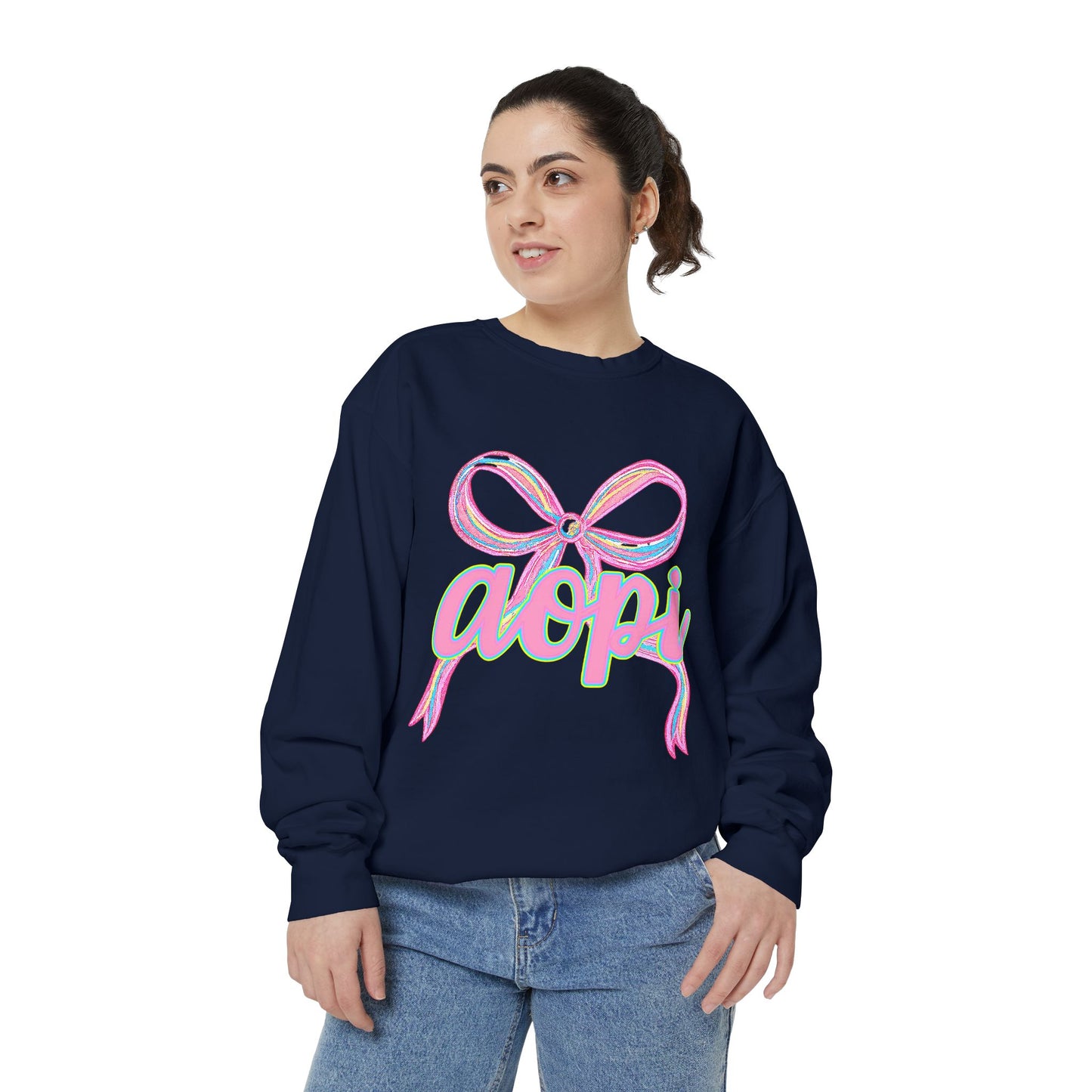 Pastel Bow Sweatshirt with aopi Design, Cozy Unisex Sweatshirt, Gift for Sorority Sisters, Casual Chic Apparel, Best Friend Outfit