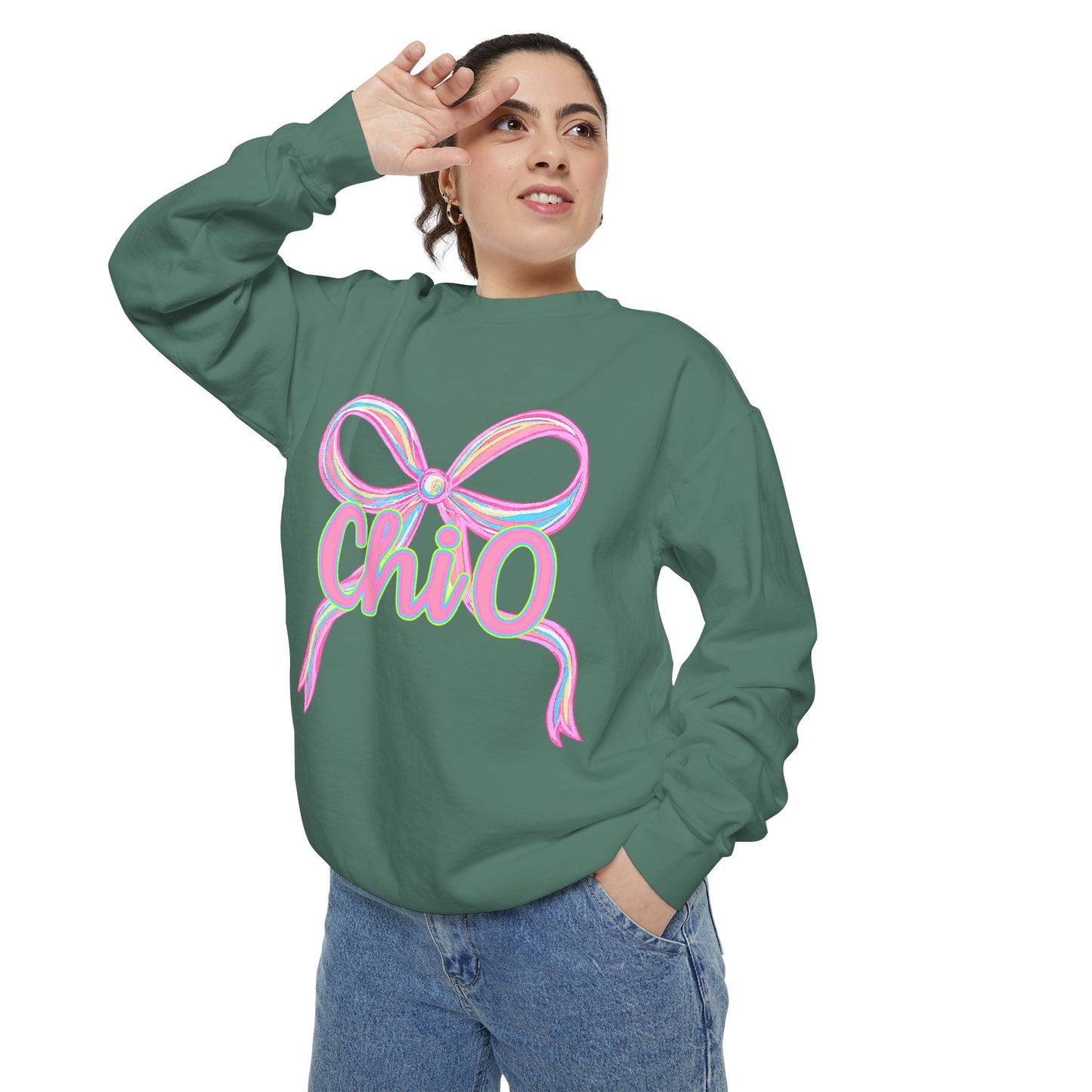 CHIO Chic Bow Graphic Unisex Garment-Dyed Sweatshirt, Cozy Pullover, Fashionable Gift, Casual Outfit, Spring Style, Trendy Apparel