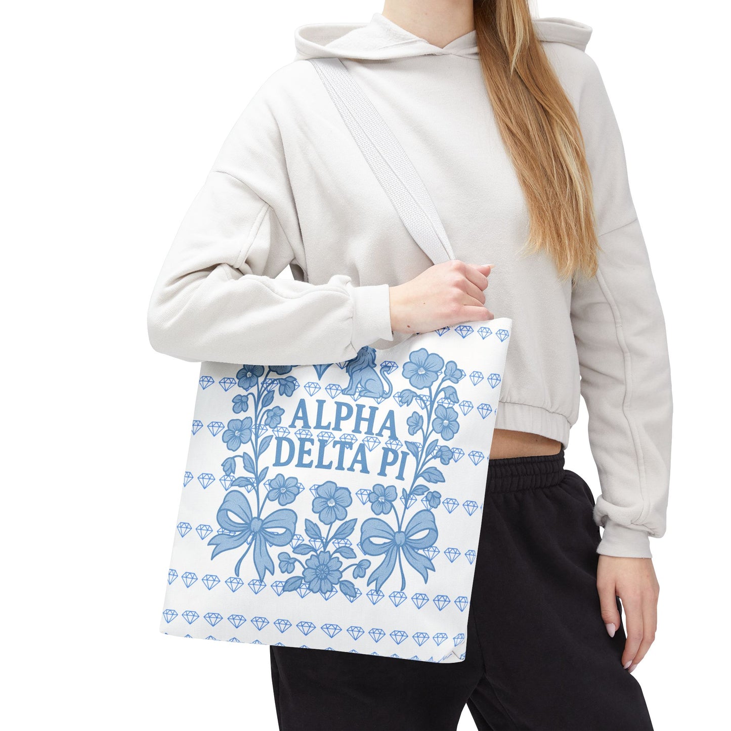 Alpha Delta Pi Floral Tote Bag - Stylish Sorority Accessory, Gift for College Students, Everyday Use, Blue Floral Design, AOP Style