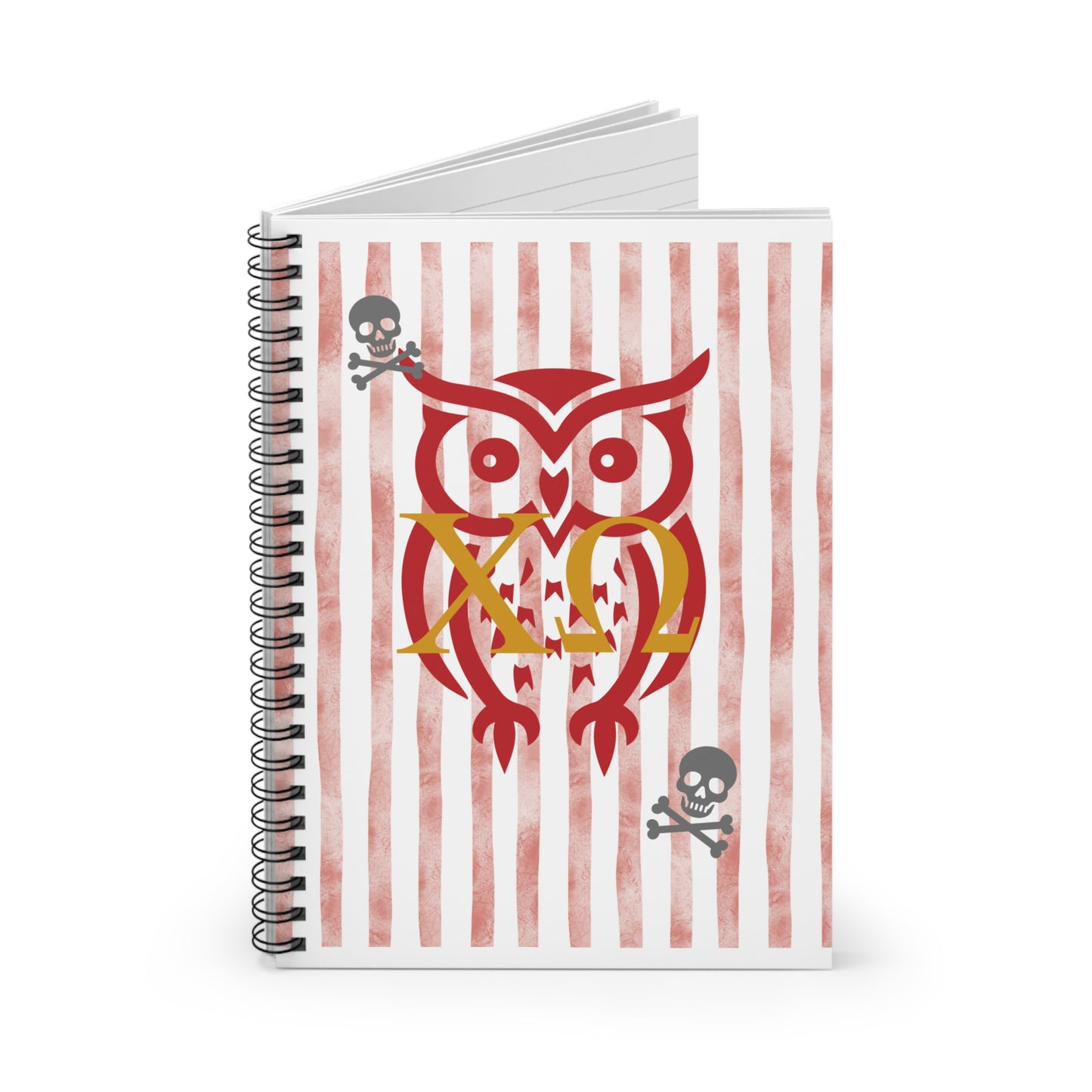 XO Owl & Skull Spiral Notebook - Chi Omega Artistic Note Journal, Gift for Students, Doodle Diary, Skull Decor, Unique Stationery