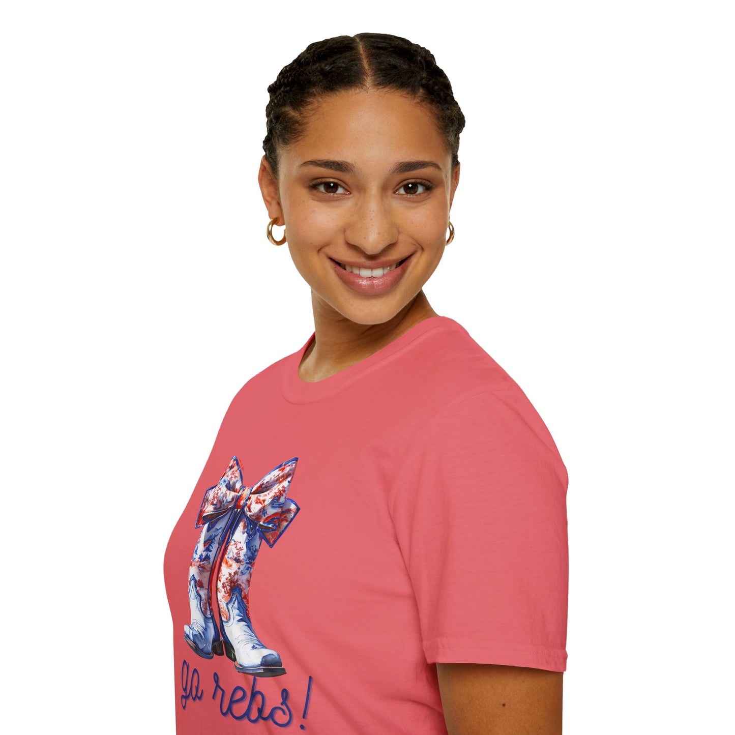 , go Rebs Cheerful Unisex Softstyle T-Shirt with Bow Design | Gift for Sports Fans, Casual Wear, Team Spirit, Game Day Shirt, Cheerleading Top