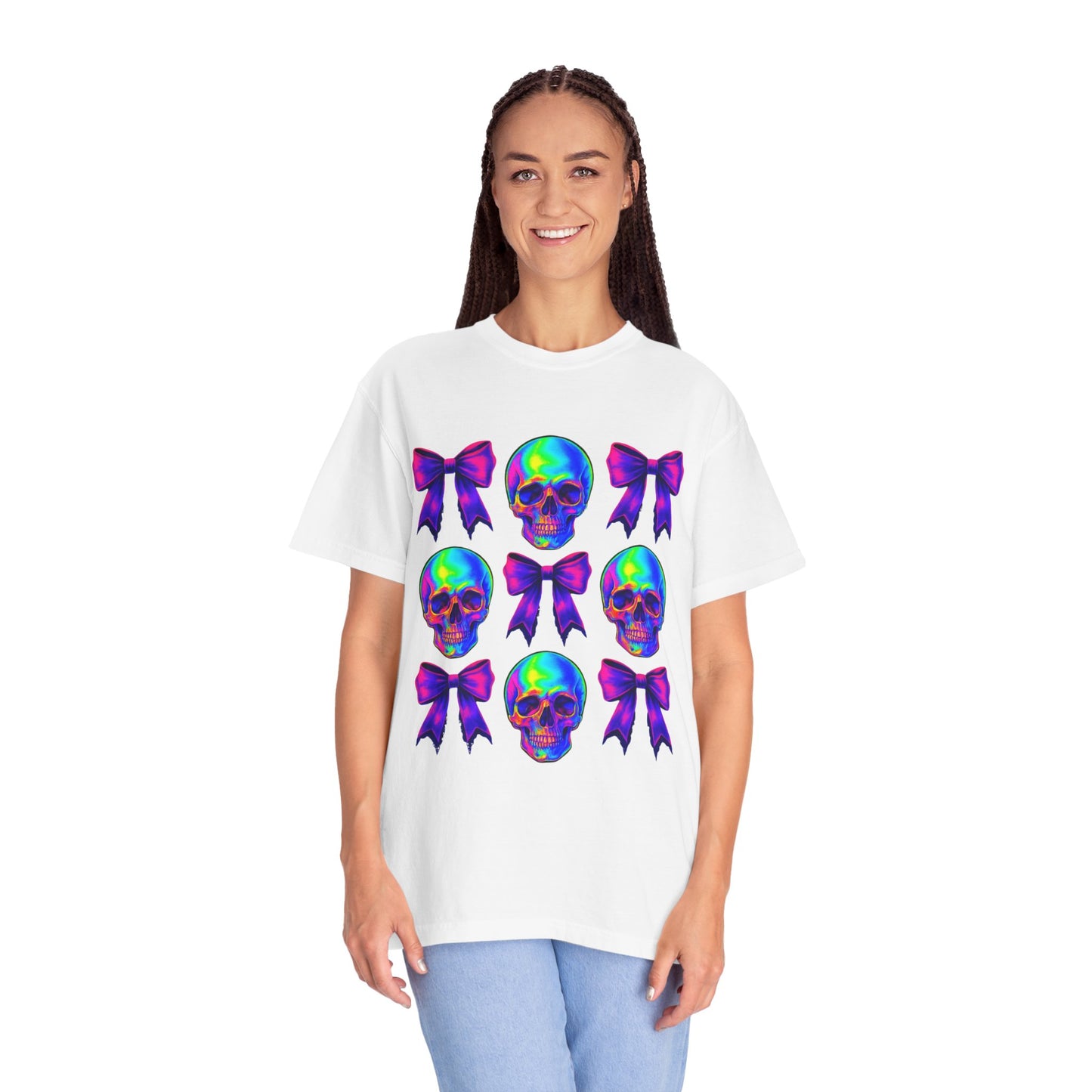 Neon Skull and Bow Unisex T-Shirt | Trendy Graphic Tee for Halloween, Festivals, Casual Wear, Gifts