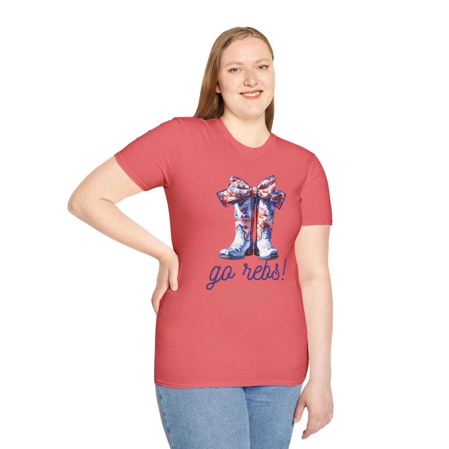 , go Rebs Cheerful Unisex Softstyle T-Shirt with Bow Design | Gift for Sports Fans, Casual Wear, Team Spirit, Game Day Shirt, Cheerleading Top