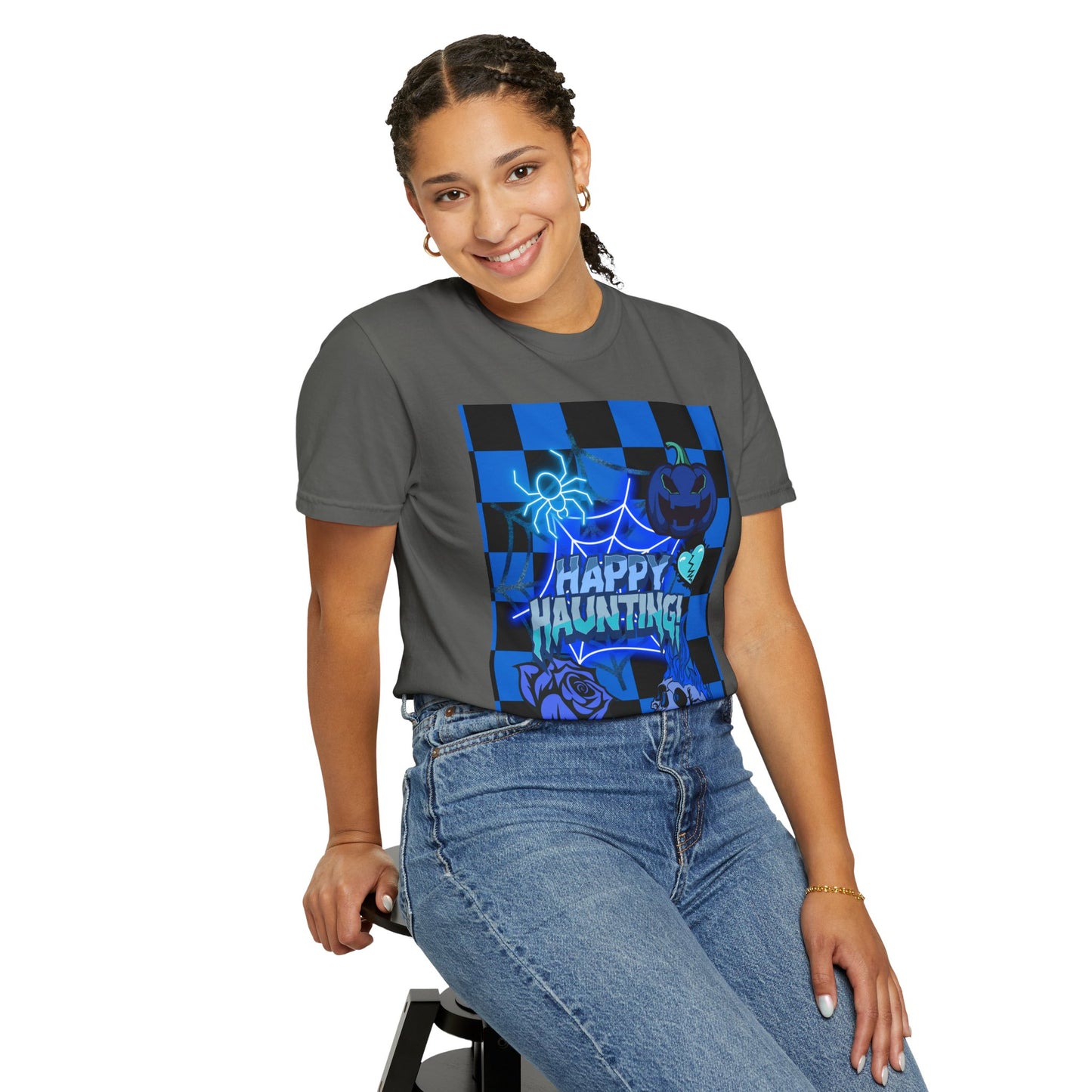 Happy Haunting Unisex Garment-Dyed T-shirt, Halloween Tee, Spooky Shirt, Fall Fashion, Casual Wear, Pumpkin Fest