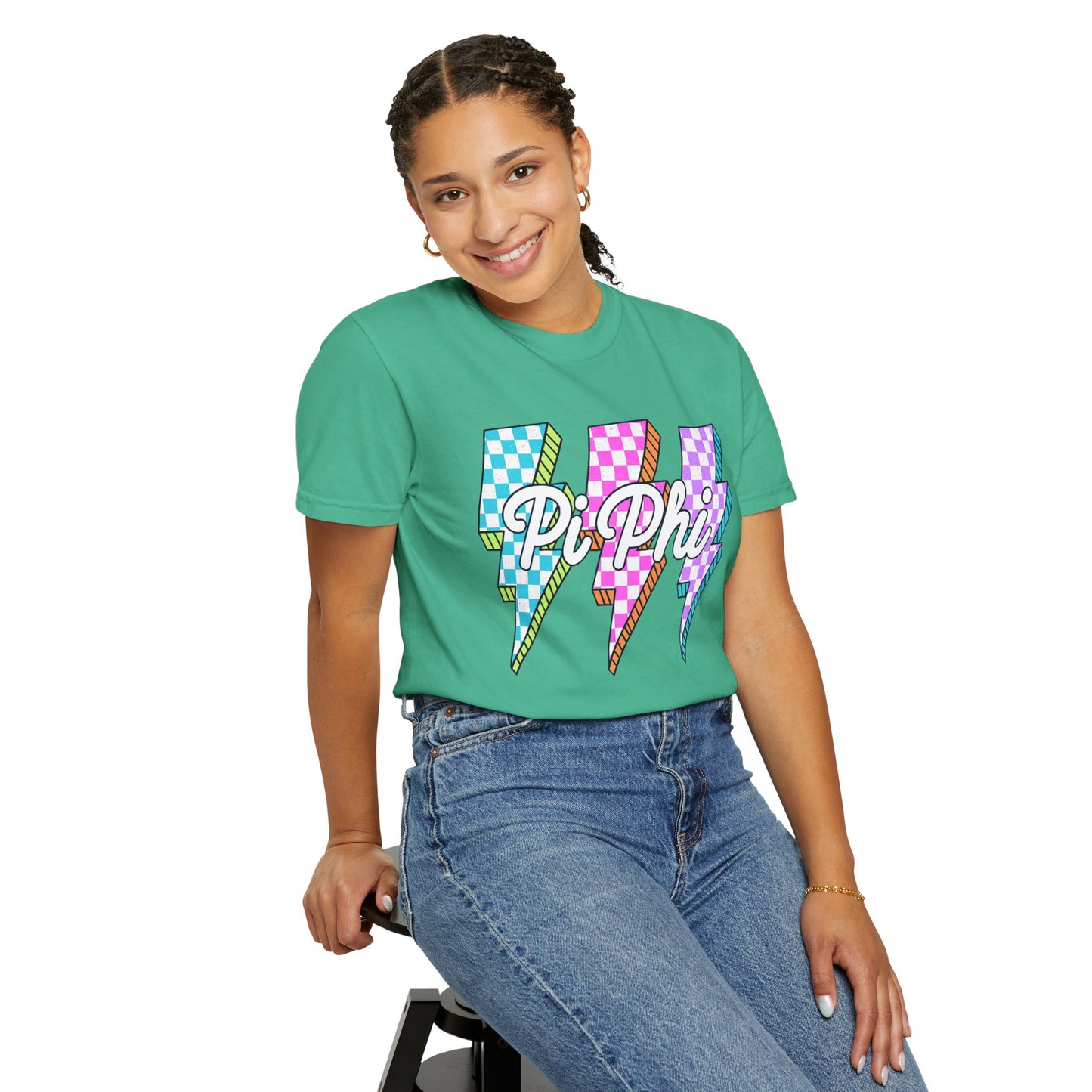 PB Phi Lightning Bolt Unisex T-shirt | Vibrant Greek Life Apparel, Unique Gift for Sorority Sisters, Casual Wear, Celebrating Sisterhood
