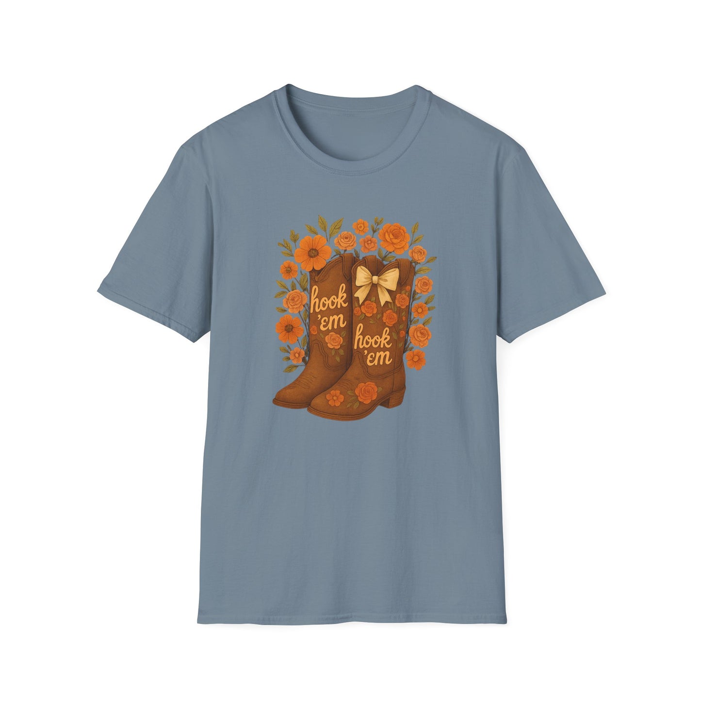 Tx Hook Em Floral Cowboy Boot T-Shirt, Hook 'Em Tee, Autumn Apparel, Country Style, Gift for Her, tx longhorns, texas fan gift, hook em horns, graduation gift, college student gift