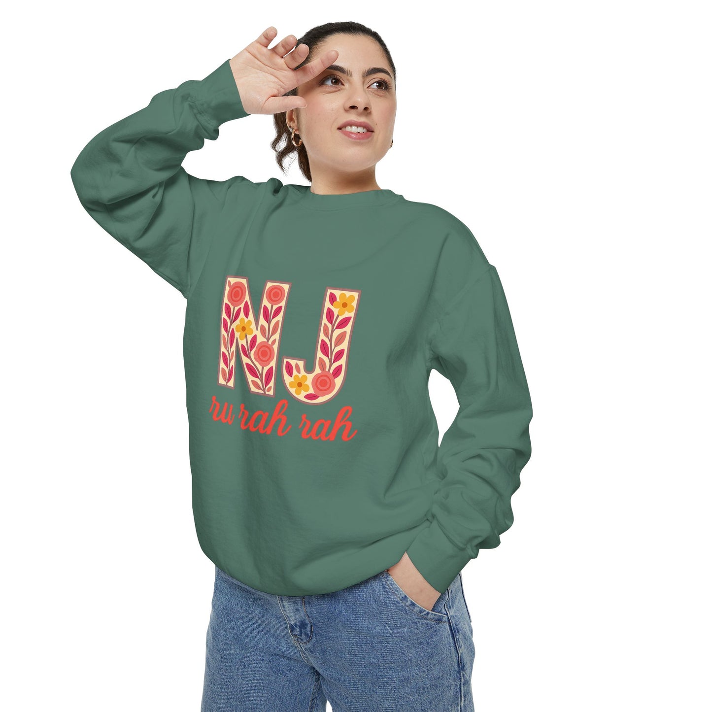 Cheerful NJ Garment-Dyed Sweatshirt, Cozy Unisex Pullover for School Spirit, Fall Fashion, Gift for College Students, Relaxed Fit