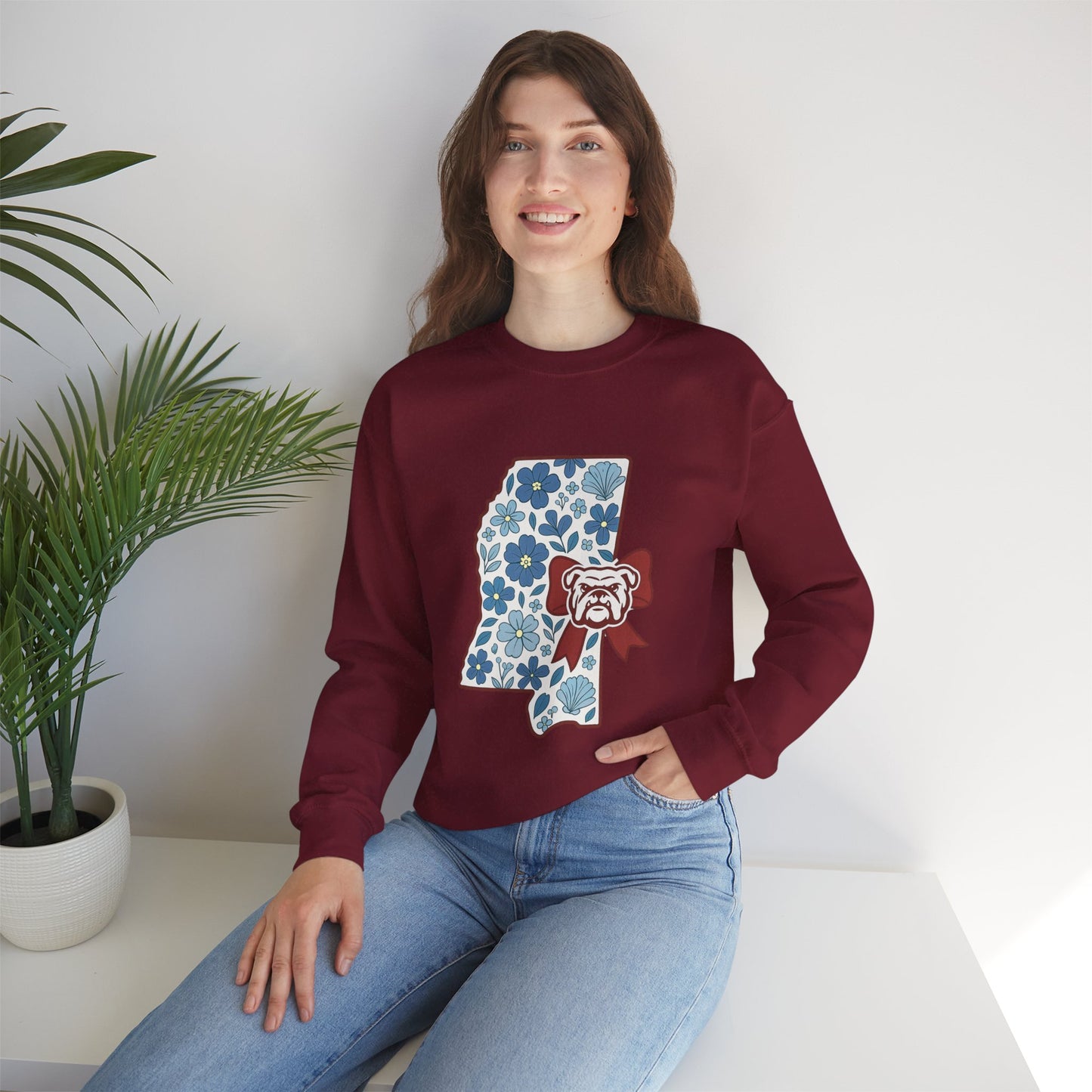 Mississippi Flower Bulldog Crewneck Sweatshirt, Cozy Sweatshirt for Fall, Gift for Dog Lovers, College Apparel, Casual Fashion