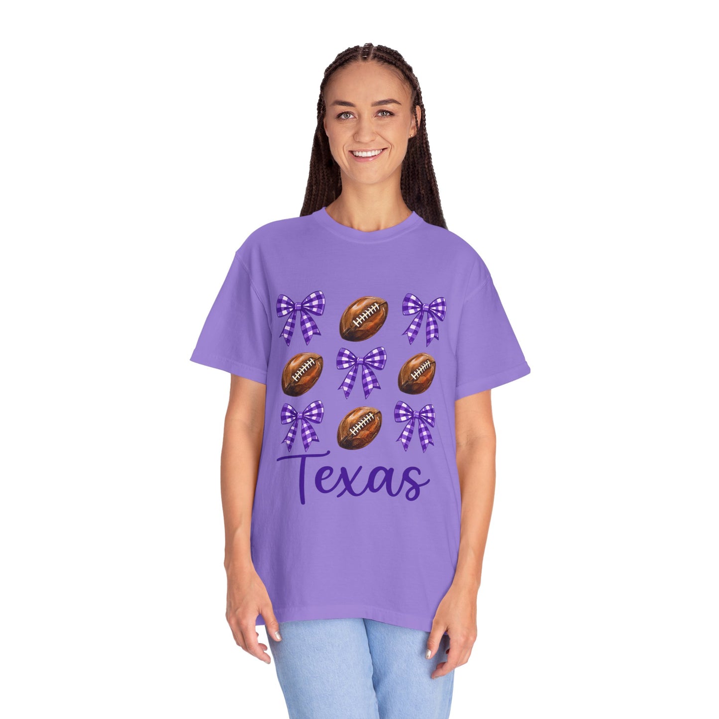 Texas Football Unisex T-Shirt with Purple Bows - Game Day Sports Apparel for Horned Frogs Fans