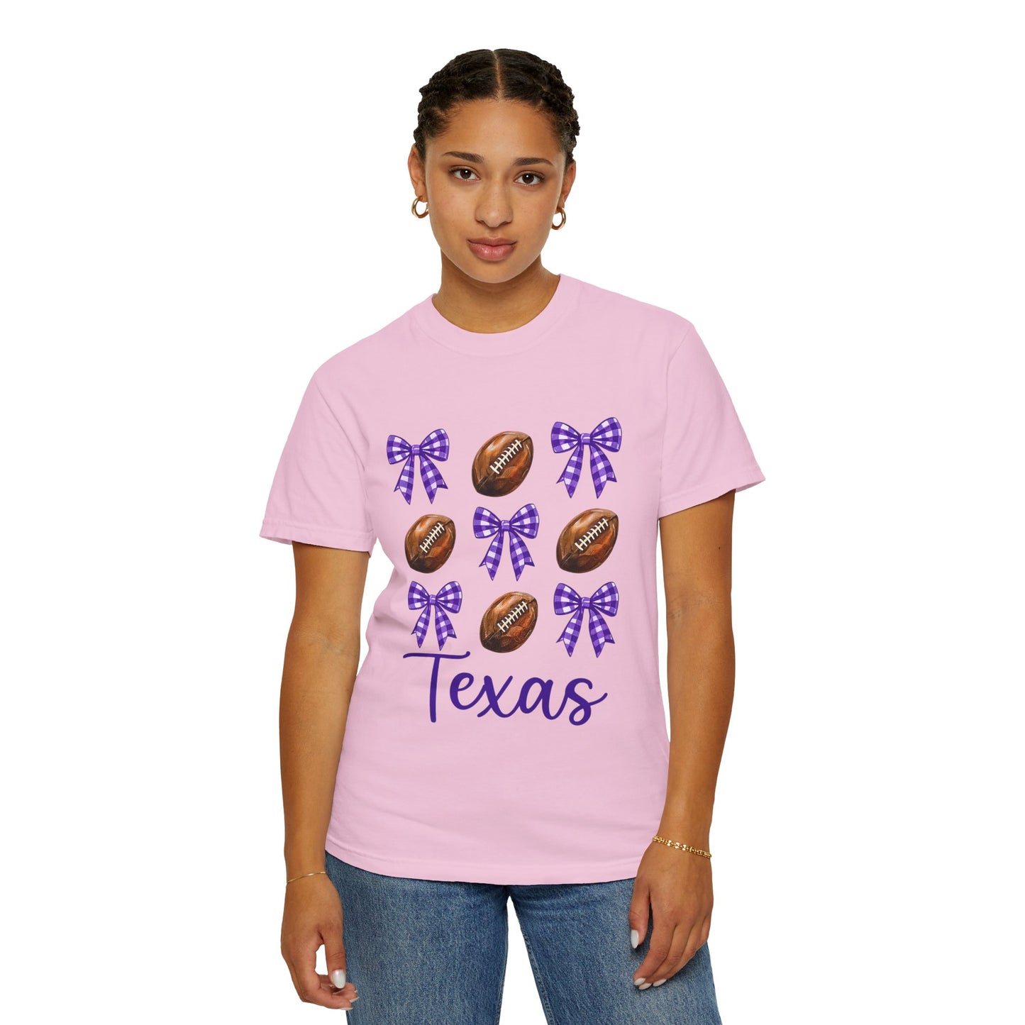 Texas Football Unisex T-Shirt with Purple Bows - Game Day Sports Apparel for Horned Frogs Fans